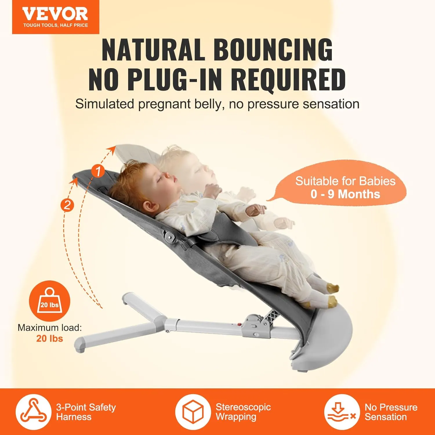 VEVOR Baby Bouncer, Folding Bouncer Seat for Babies 0-9 Months, Portable Baby Bouncer Seat with 2 Reclining Angles, 3-Point Harness & Carrying Bag, Ideal for Indoors Outdoors, Dark Gray