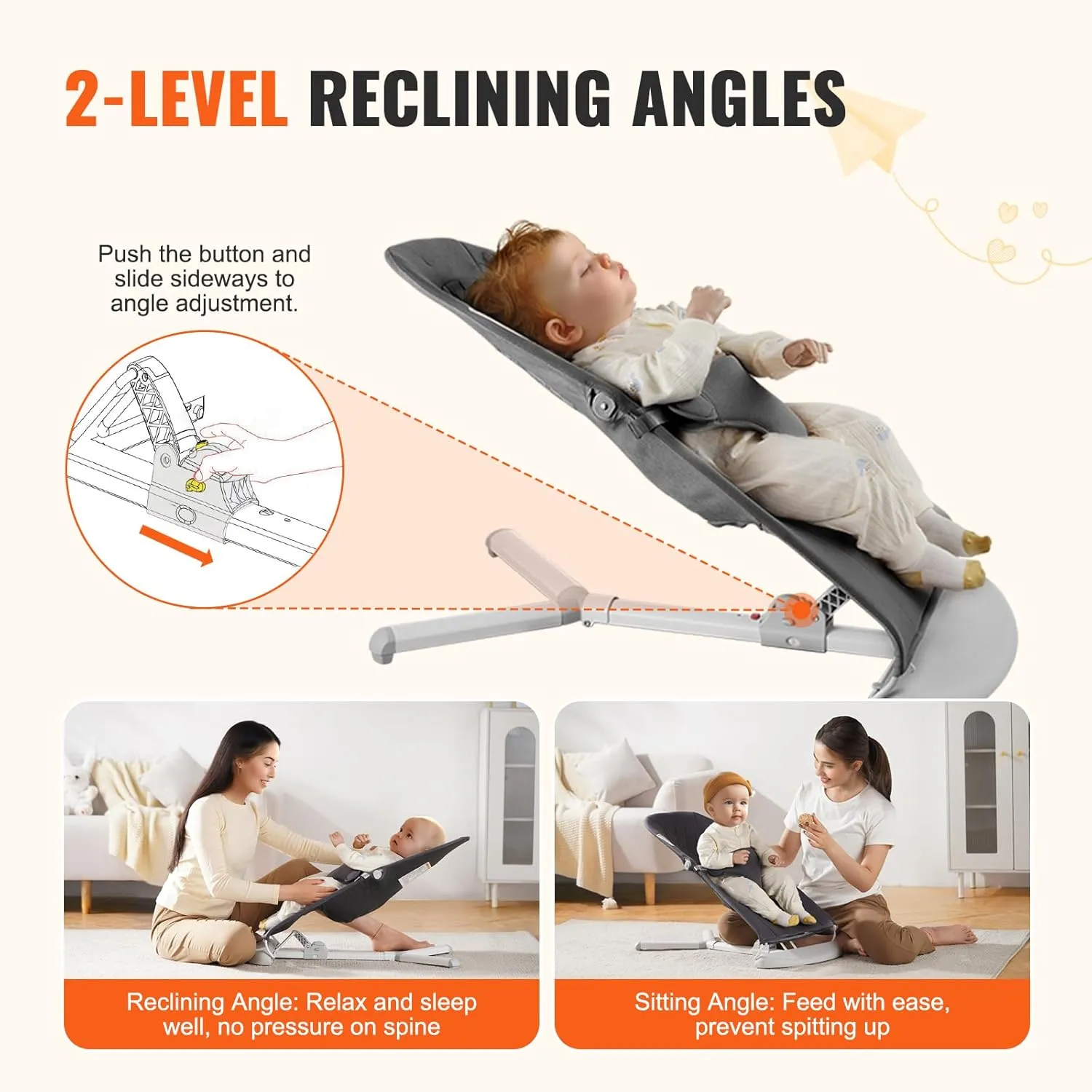 VEVOR Baby Bouncer, Folding Bouncer Seat for Babies 0-9 Months, Portable Baby Bouncer Seat with 2 Reclining Angles, 3-Point Harness & Carrying Bag, Ideal for Indoors Outdoors, Dark Gray