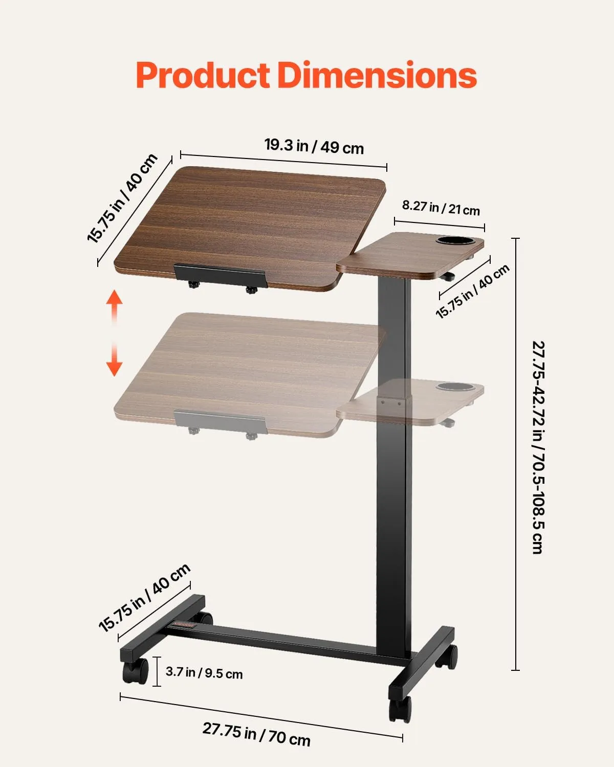 VEVOR Overbed Table, Mobile Hospital Bed Table, Over Bed Table with Wheels Adjustable Height, Rolling Laptop Desk with Tilting Top & Cup Holder, Portable Over Bed Desk for Home, Office, Study, Wood