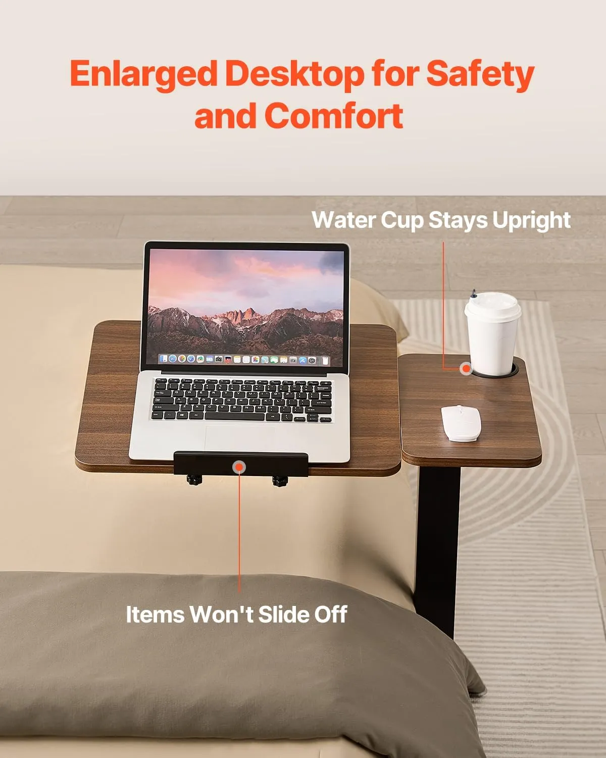 VEVOR Overbed Table, Mobile Hospital Bed Table, Over Bed Table with Wheels Adjustable Height, Rolling Laptop Desk with Tilting Top & Cup Holder, Portable Over Bed Desk for Home, Office, Study, Wood