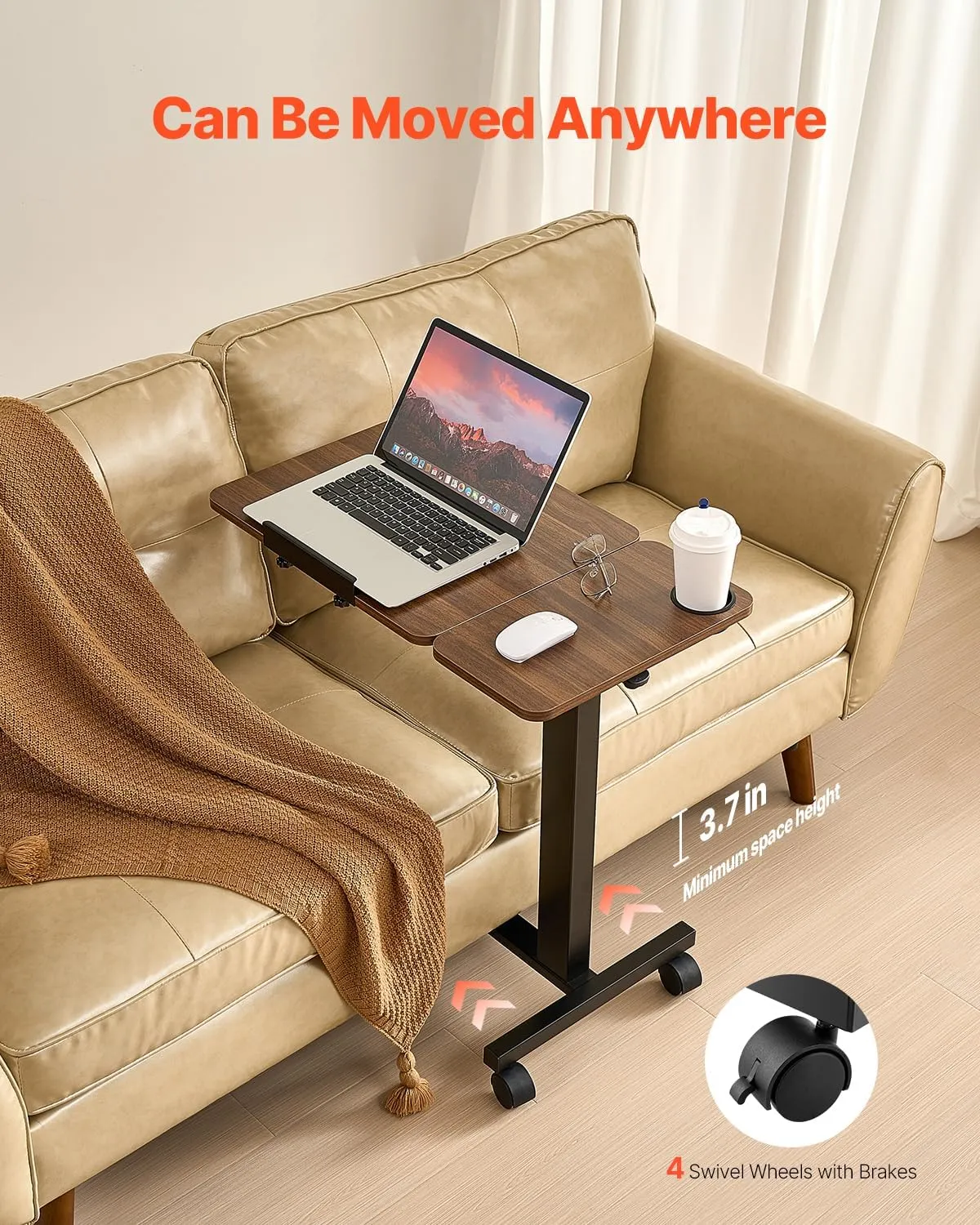 VEVOR Overbed Table, Mobile Hospital Bed Table, Over Bed Table with Wheels Adjustable Height, Rolling Laptop Desk with Tilting Top & Cup Holder, Portable Over Bed Desk for Home, Office, Study, Wood