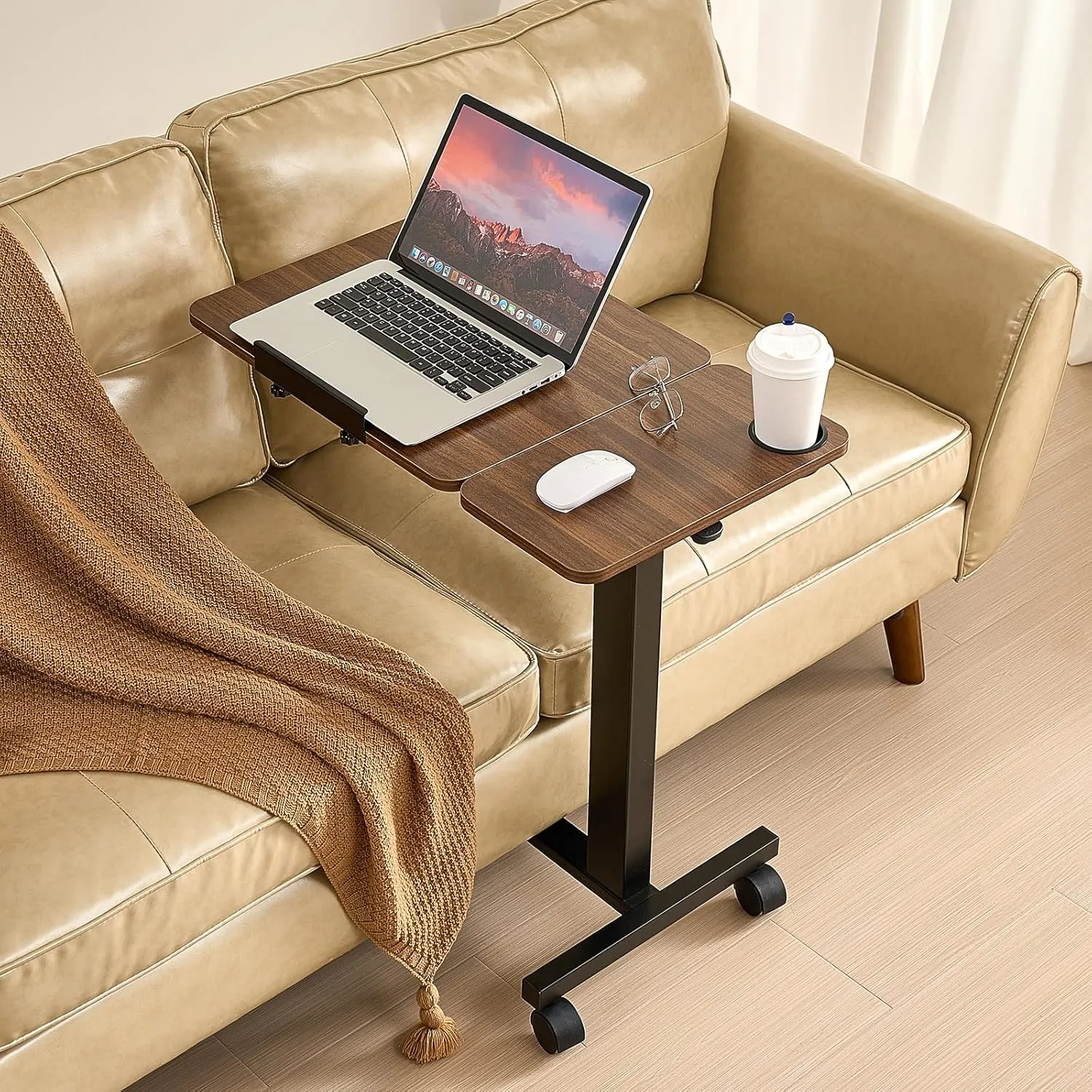 VEVOR Overbed Table, Mobile Hospital Bed Table, Over Bed Table with Wheels Adjustable Height, Rolling Laptop Desk with Tilting Top & Cup Holder, Portable Over Bed Desk for Home, Office, Study, Wood