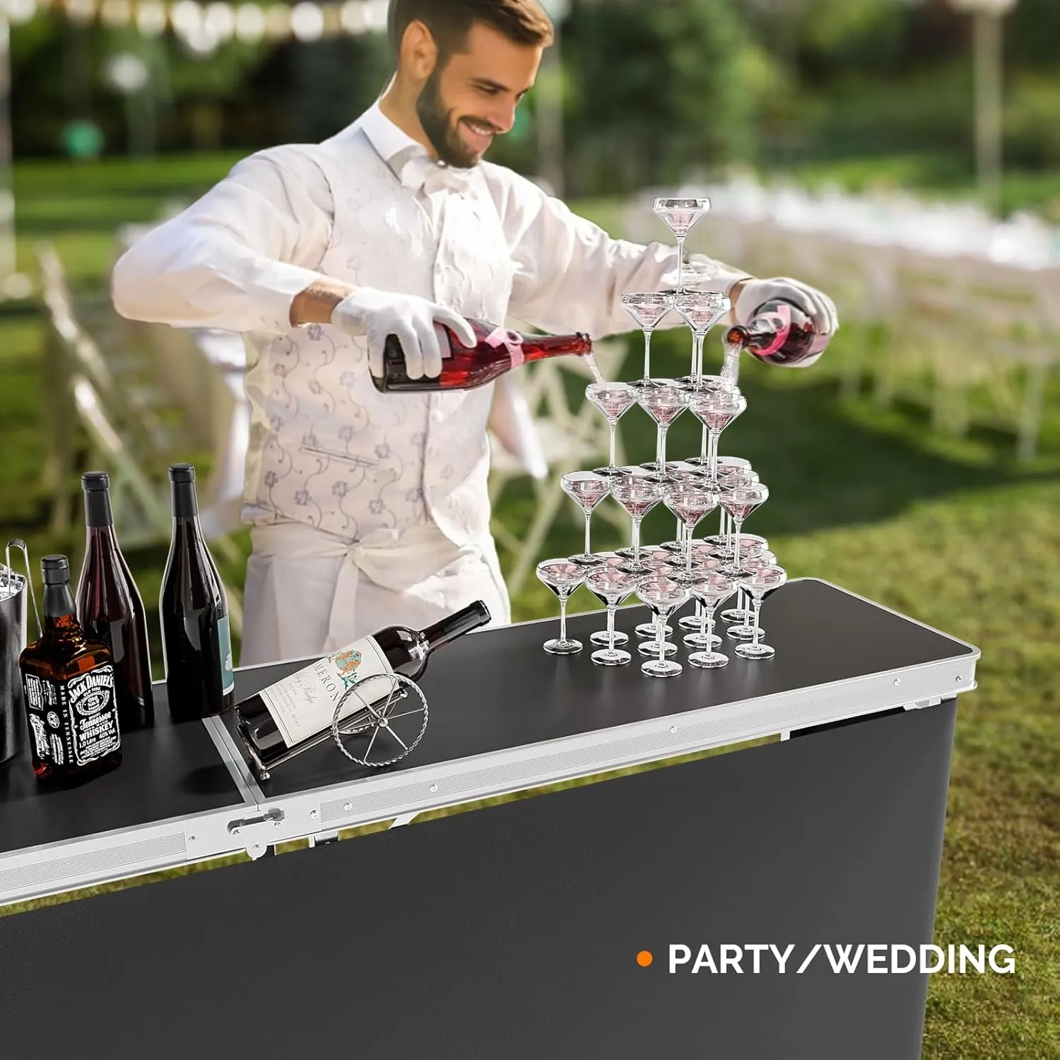 VINGLI 78" Portable Bar Table, 2-Tier Shelves, Mobile Bar Table for Events, Party, Camping, Picnic, Tradeshow, Indoor with Black Skirt (1, 78")