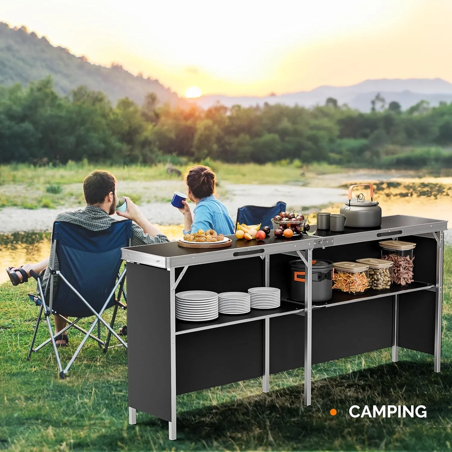 VINGLI 78" Portable Bar Table, 2-Tier Shelves, Mobile Bar Table for Events, Party, Camping, Picnic, Tradeshow, Indoor with Black Skirt (1, 78")