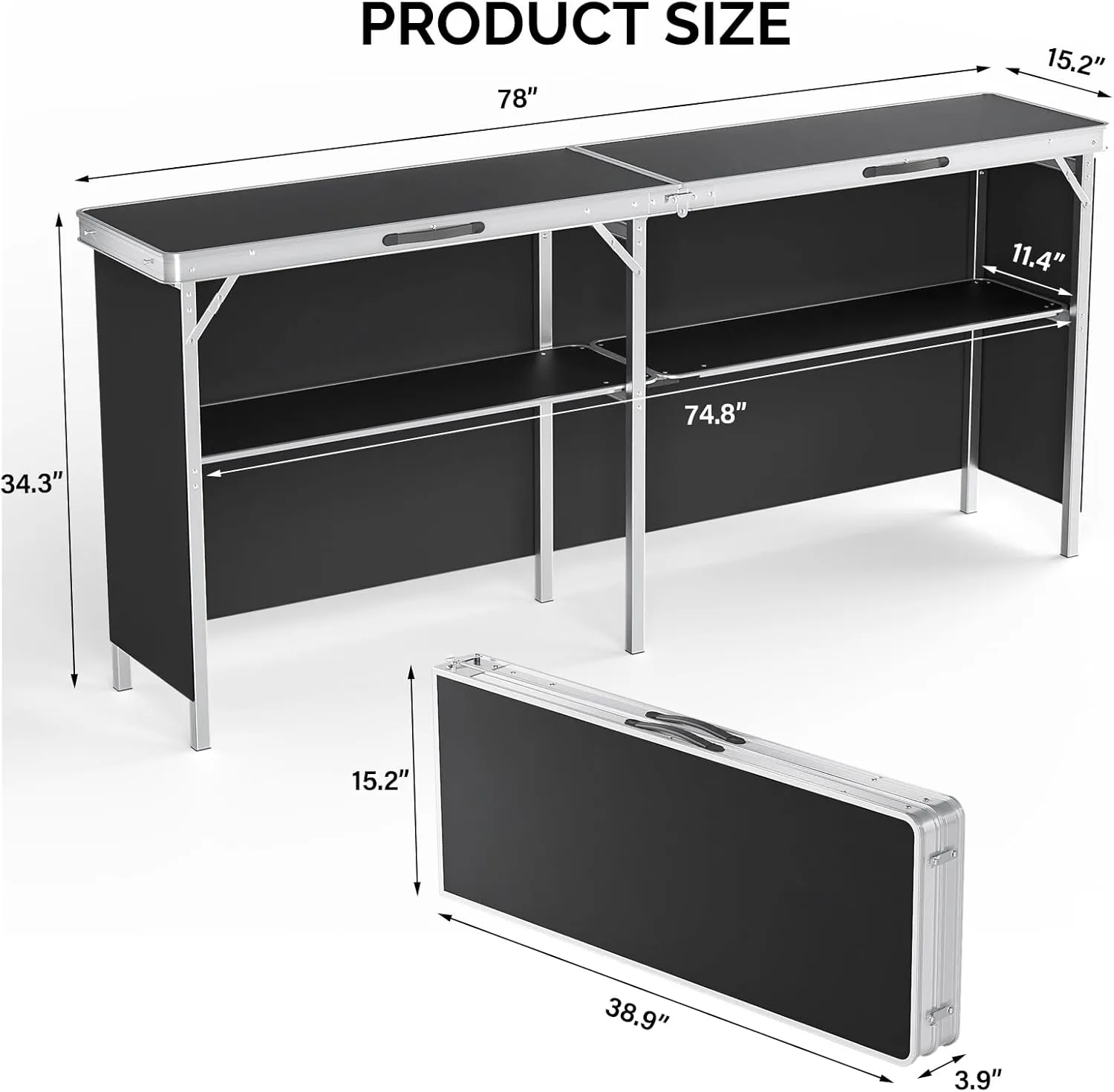 VINGLI 78" Portable Bar Table, 2-Tier Shelves, Mobile Bar Table for Events, Party, Camping, Picnic, Tradeshow, Indoor with Black Skirt (1, 78")