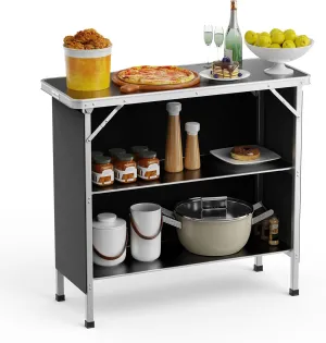 VINGLI Camping Table, Aluminum Portable Bar Table 39''L x 34''H, 2-Tier Storage Shelves, Removable Oxford Cloth, Carrying Bag, Lightweight Folding Table for Events, Outdoor, Party, Picnic