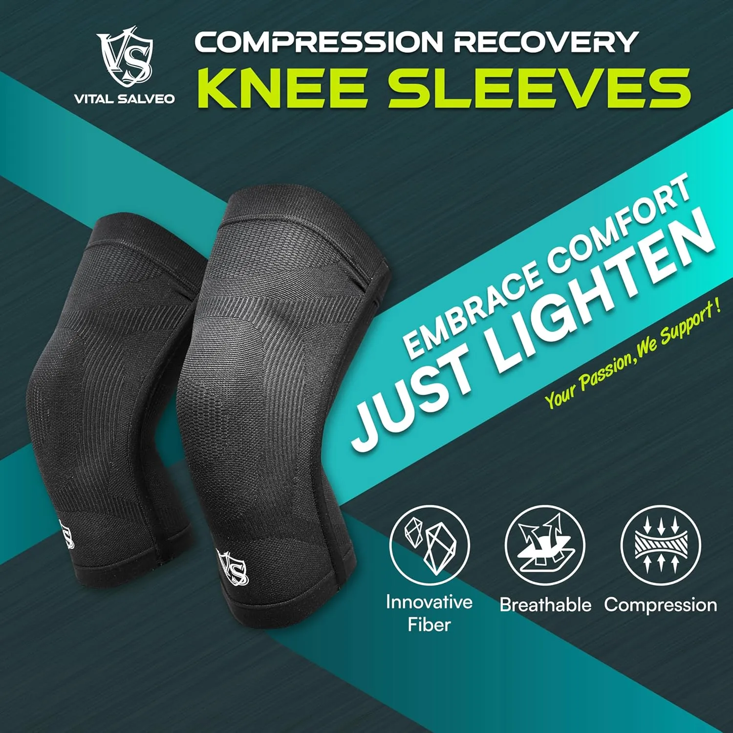 Vital Salveo-Best Recovery Compression Knee Support Sleeve for Man and Women Germanium Knee Brace for Running, Basketball, Hiking, Gym, Workout, Sports (1 PC)-Medium