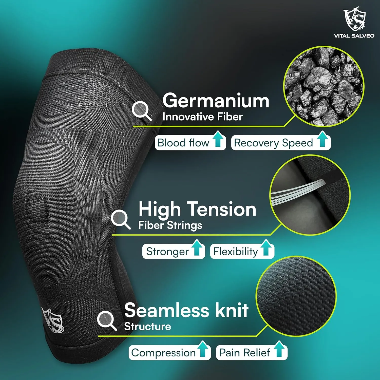 Vital Salveo-Best Recovery Compression Knee Support Sleeve for Man and Women Germanium Knee Brace for Running, Basketball, Hiking, Gym, Workout, Sports (1 PC)-Medium