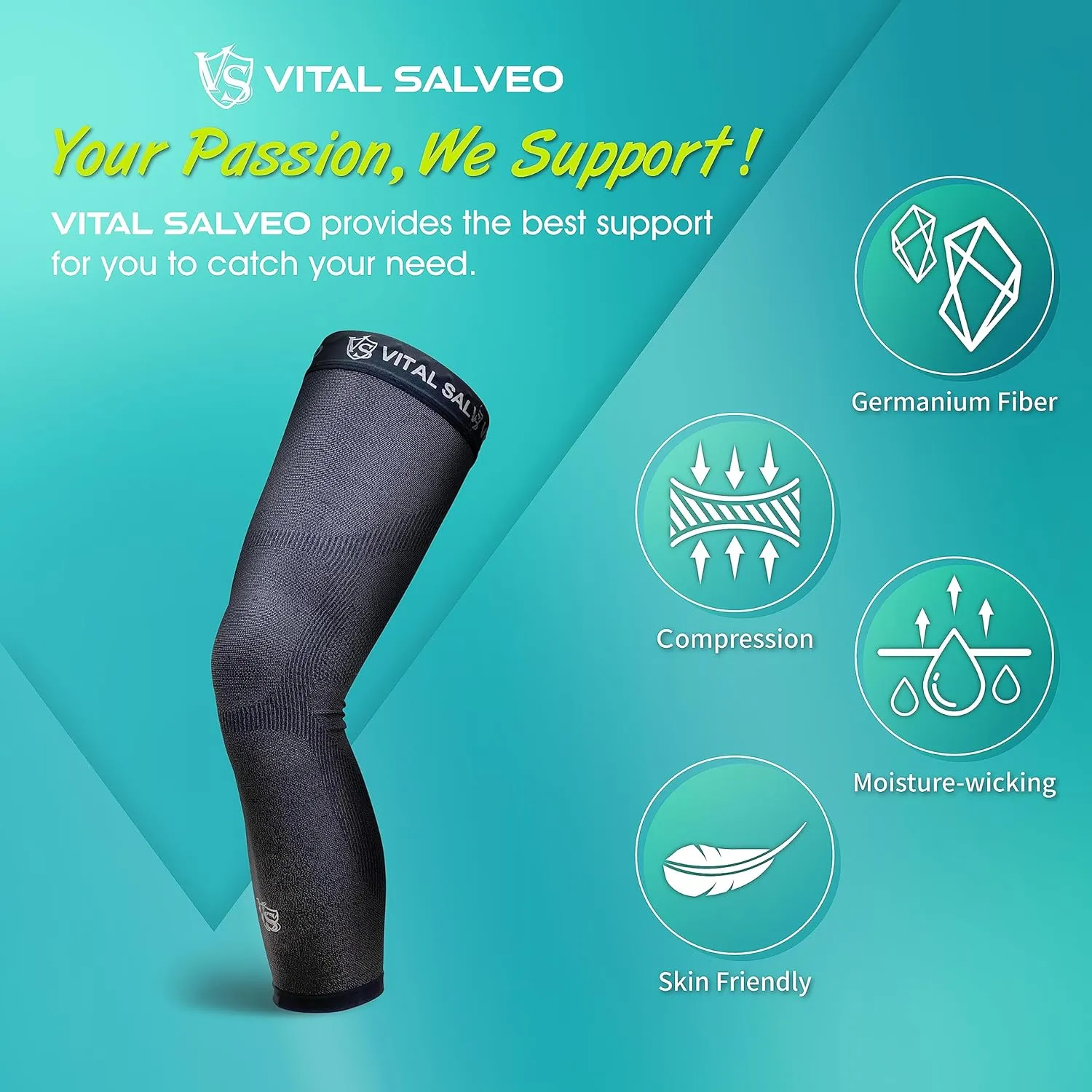 Vital Salveo Germanium & Carbon Recovery Full Leg Sleeve – Compression Leg Sleeve, Long Knee Sleeve for Arthritis, Basketball, Cycling, Football, Dark Grey (1 PC) Medium