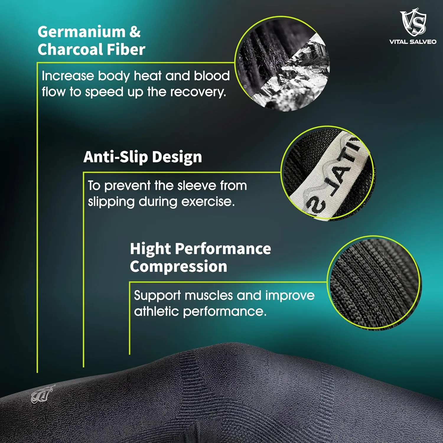 Vital Salveo Germanium & Carbon Recovery Full Leg Sleeve – Compression Leg Sleeve, Long Knee Sleeve for Arthritis, Basketball, Cycling, Football, Dark Grey (1 PC) Medium