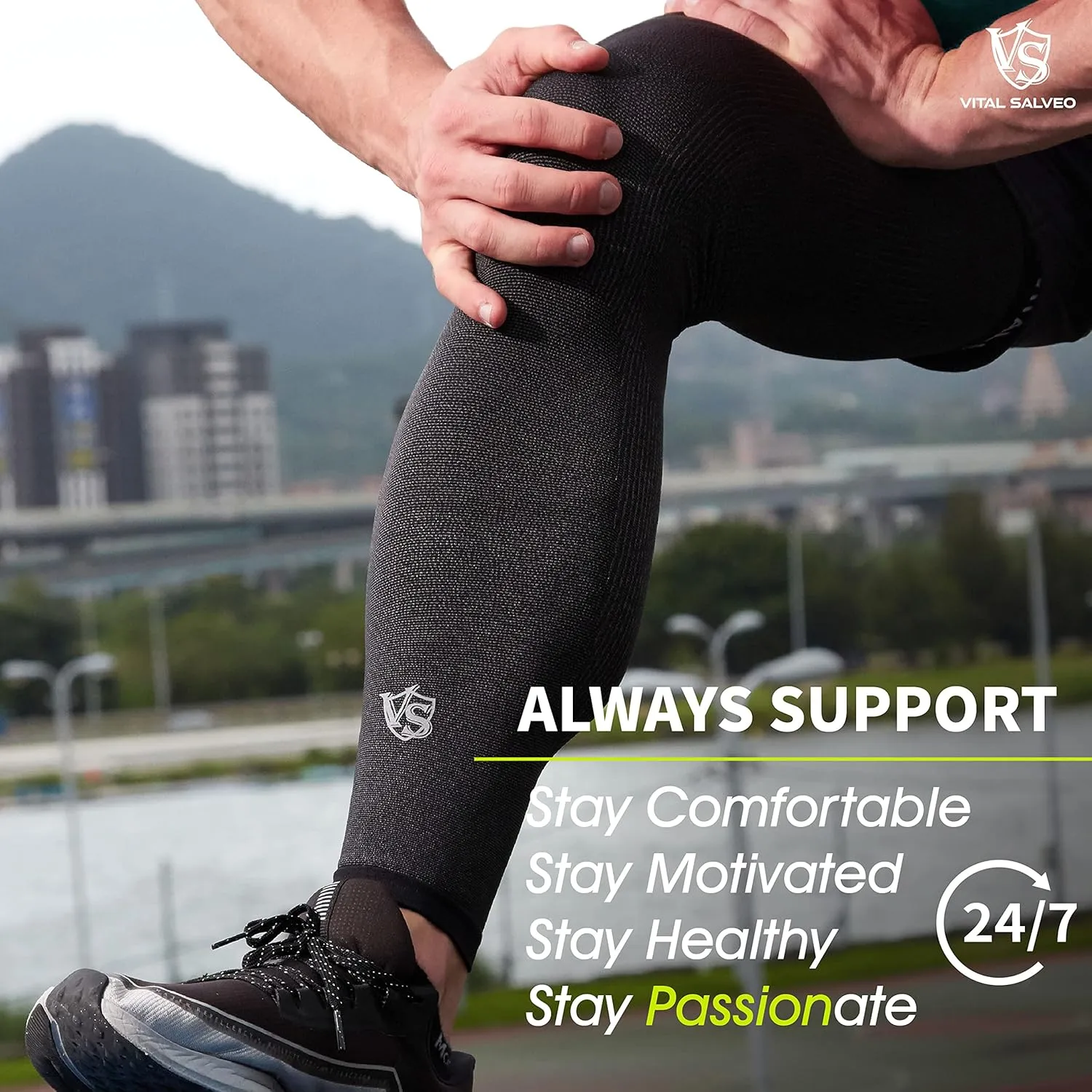Vital Salveo Germanium & Carbon Recovery Full Leg Sleeve – Compression Leg Sleeve, Long Knee Sleeve for Arthritis, Basketball, Cycling, Football, Dark Grey (1 PC) Medium