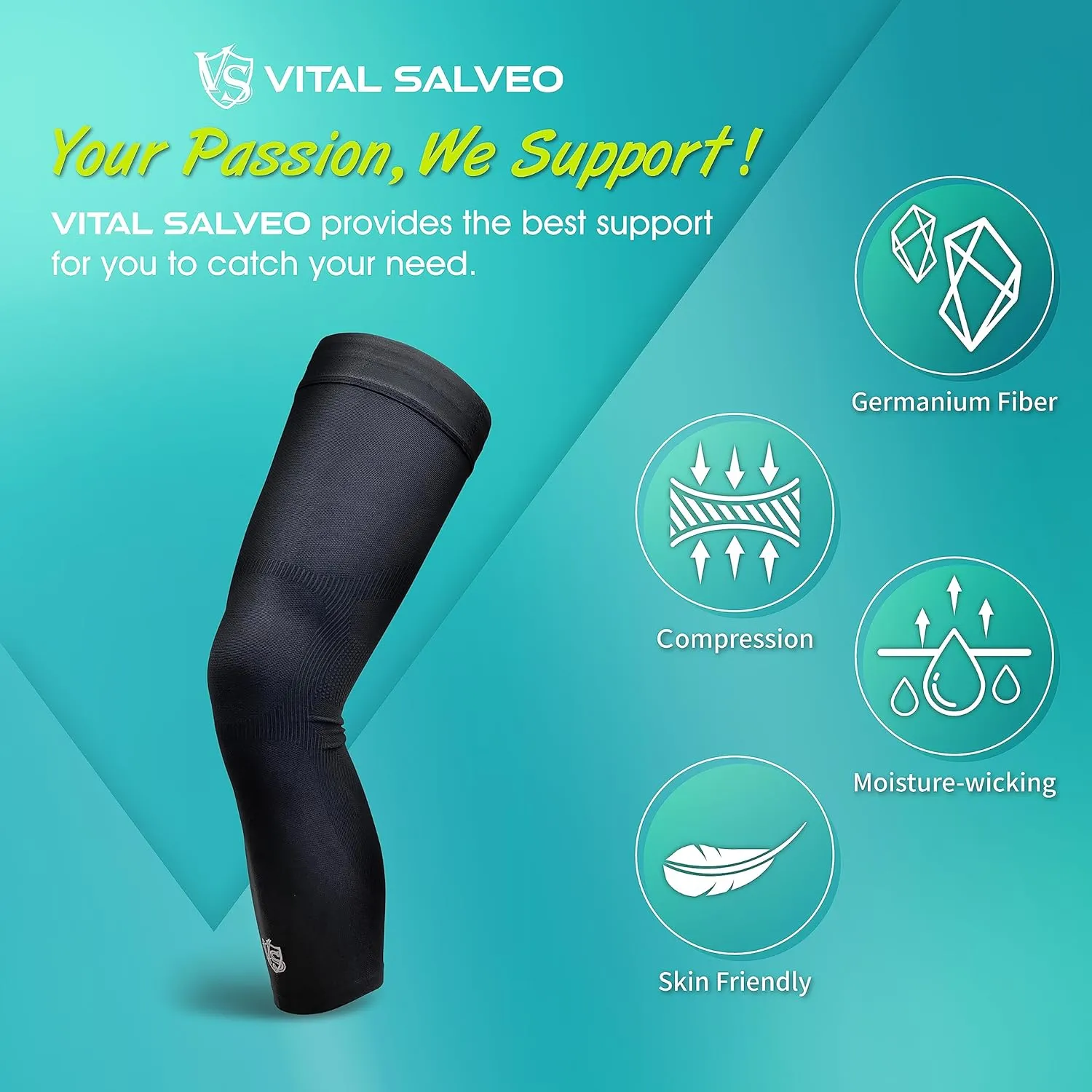 Vital Salveo -Germanium Recovery Compression Sports Full Leg Sleeve Length Thigh Calf Long Knee Sleeve with UV protection Support Single Tight. For Basketball, Arthritis Men and Women (1 PC)-X-Large