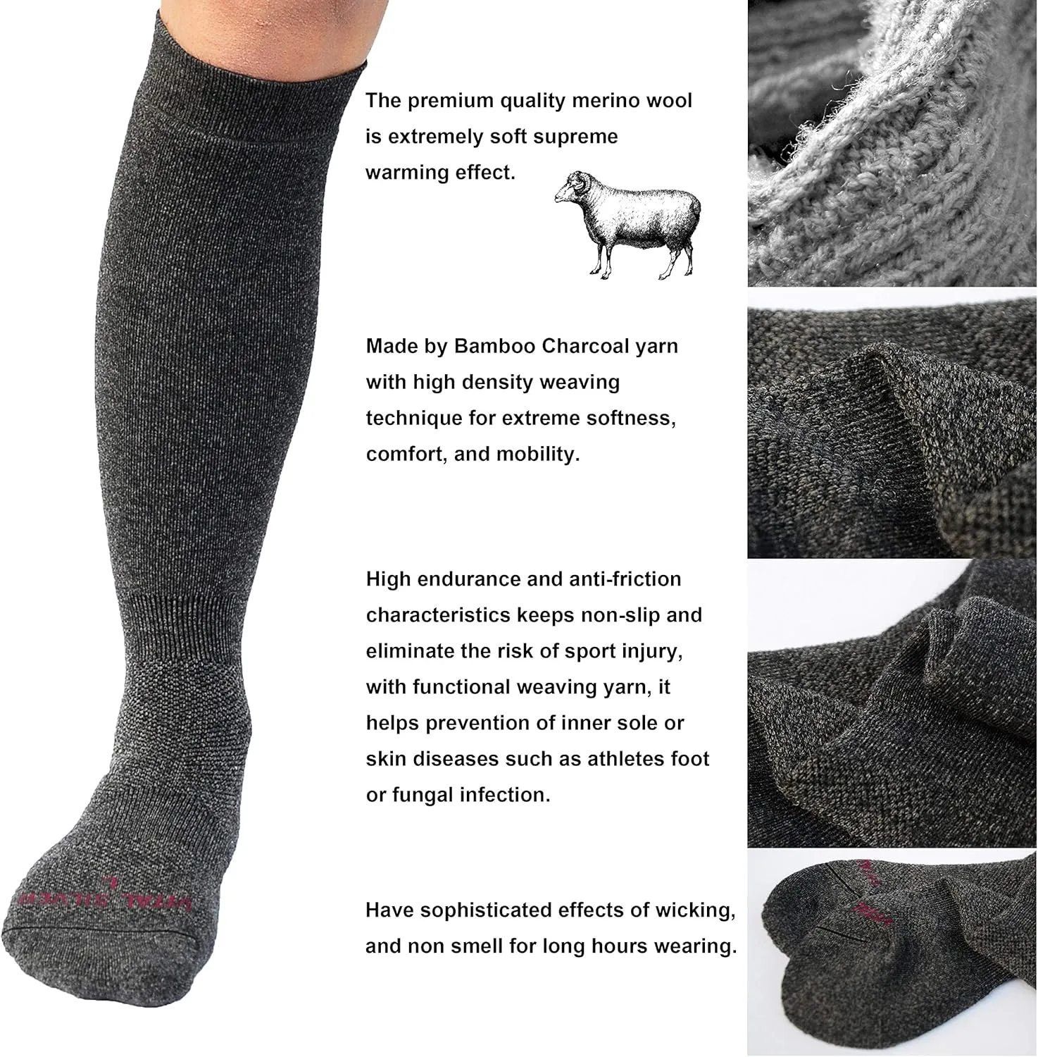 Vital Salveo- Merino Wool Hiking Knee Sock for Outdoor Enthusiasts, Charcoal, Dark Grey