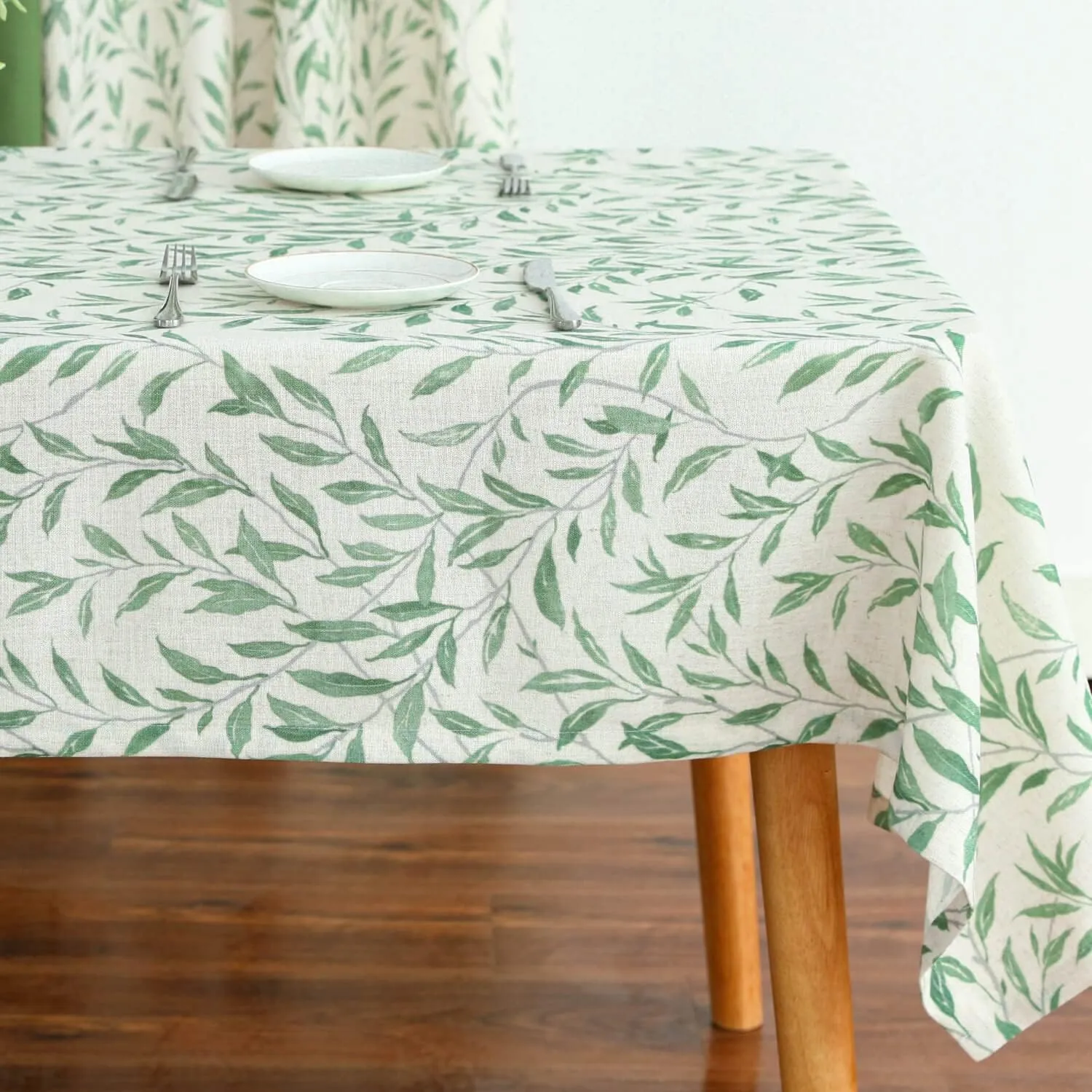 VOGOL 52 x 70 Inches Rectangle Table Cloth, Green Leaves Pattern Printed Decorative Country Table Covers, Linen Textured Table Cloth for Buffet Wedding Parties