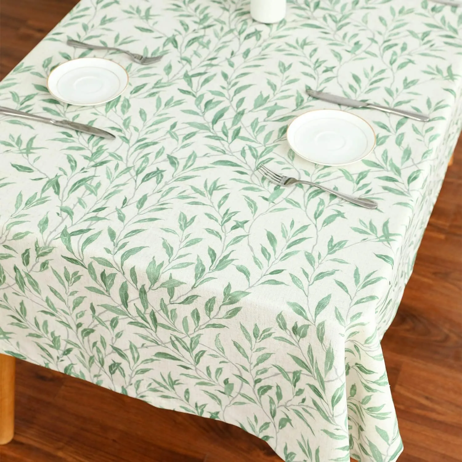 VOGOL 52 x 70 Inches Rectangle Table Cloth, Green Leaves Pattern Printed Decorative Country Table Covers, Linen Textured Table Cloth for Buffet Wedding Parties