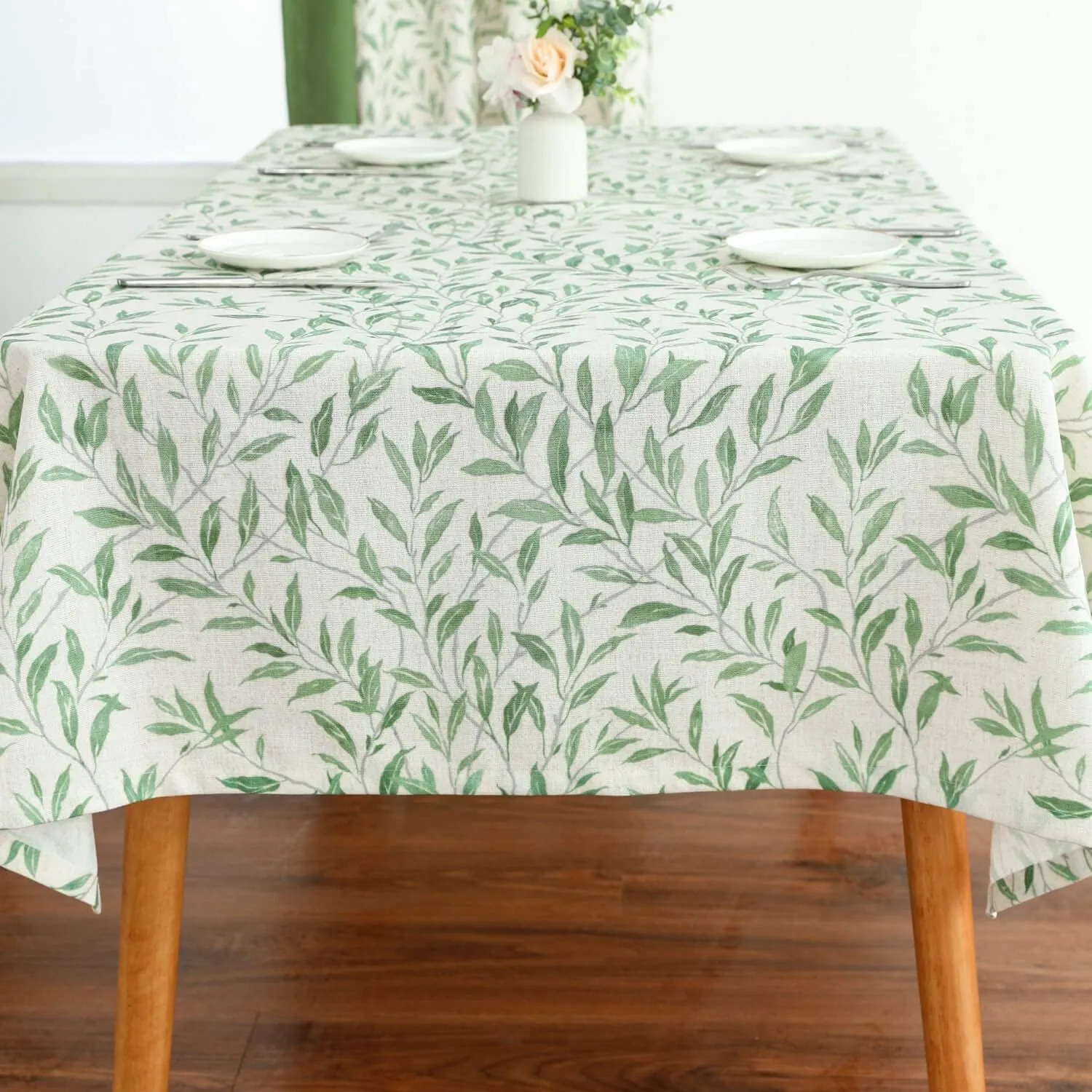 VOGOL 52 x 70 Inches Rectangle Table Cloth, Green Leaves Pattern Printed Decorative Country Table Covers, Linen Textured Table Cloth for Buffet Wedding Parties