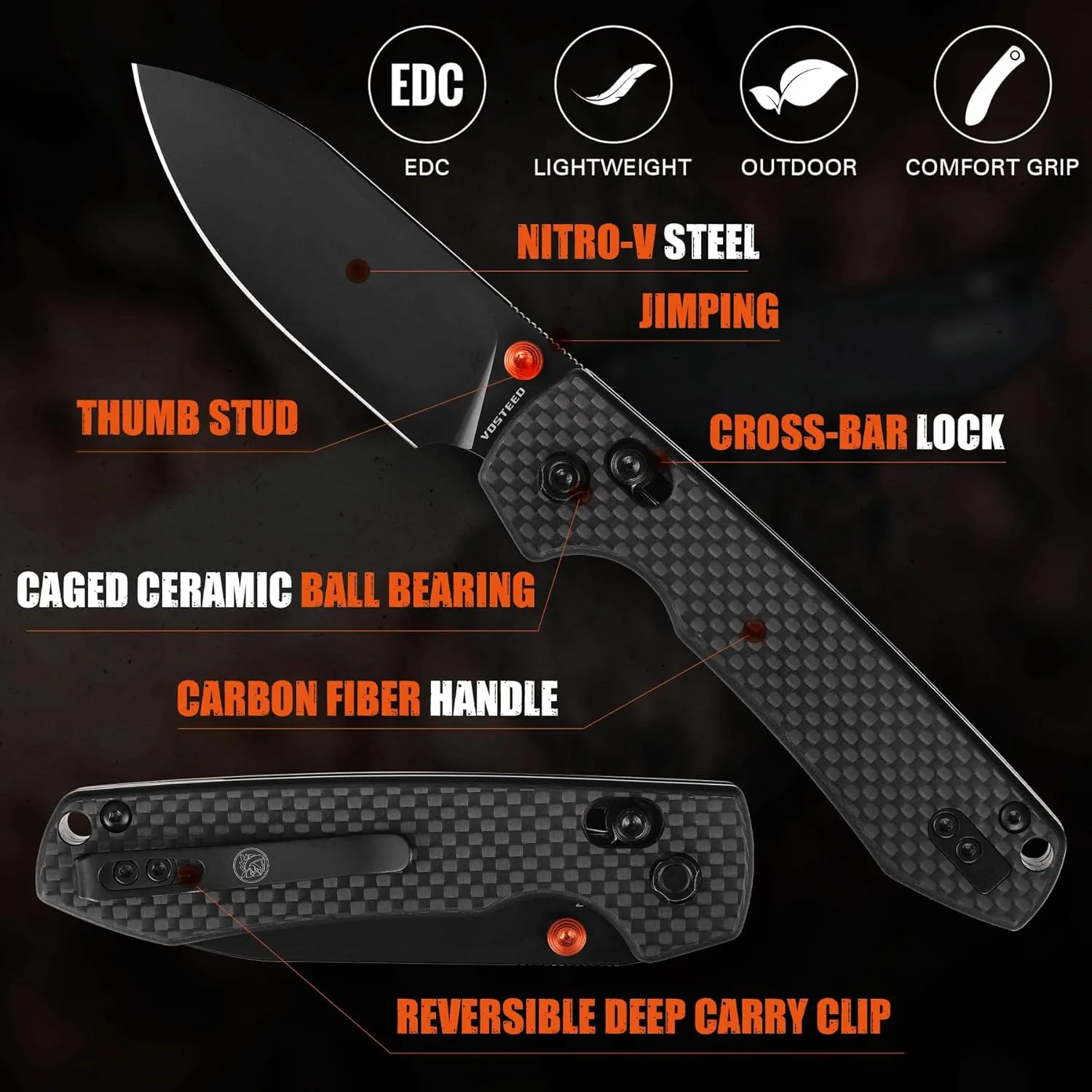 Vosteed EDC Knife, Lightweight Folding Pocket knife with Clip for Men and Women, Sharp Crossbar Lock Knife with 3.25" Nitro-V Steel Blade, Carbon Fiber Handle for Camping, Hiking - Raccoon