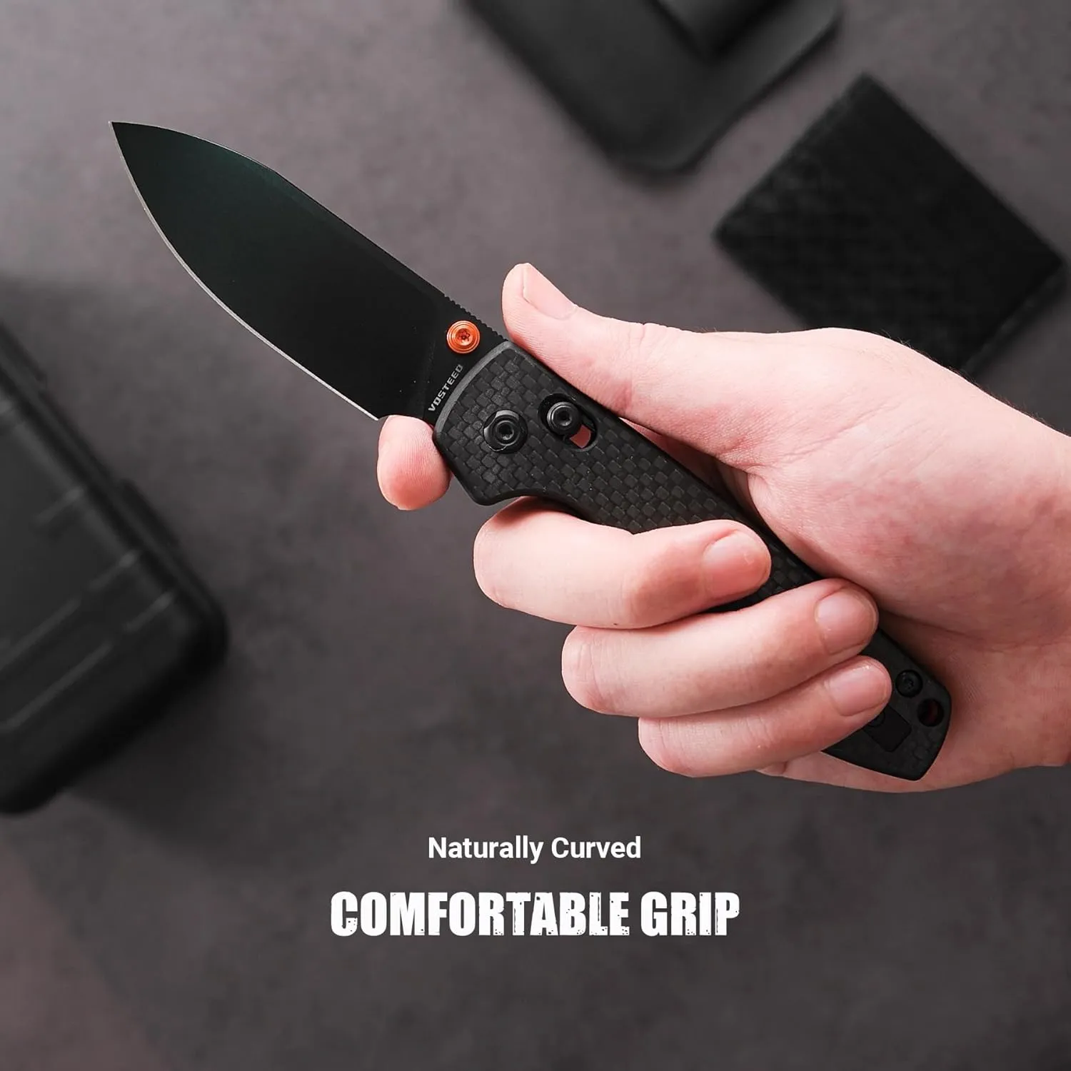 Vosteed EDC Knife, Lightweight Folding Pocket knife with Clip for Men and Women, Sharp Crossbar Lock Knife with 3.25" Nitro-V Steel Blade, Carbon Fiber Handle for Camping, Hiking - Raccoon