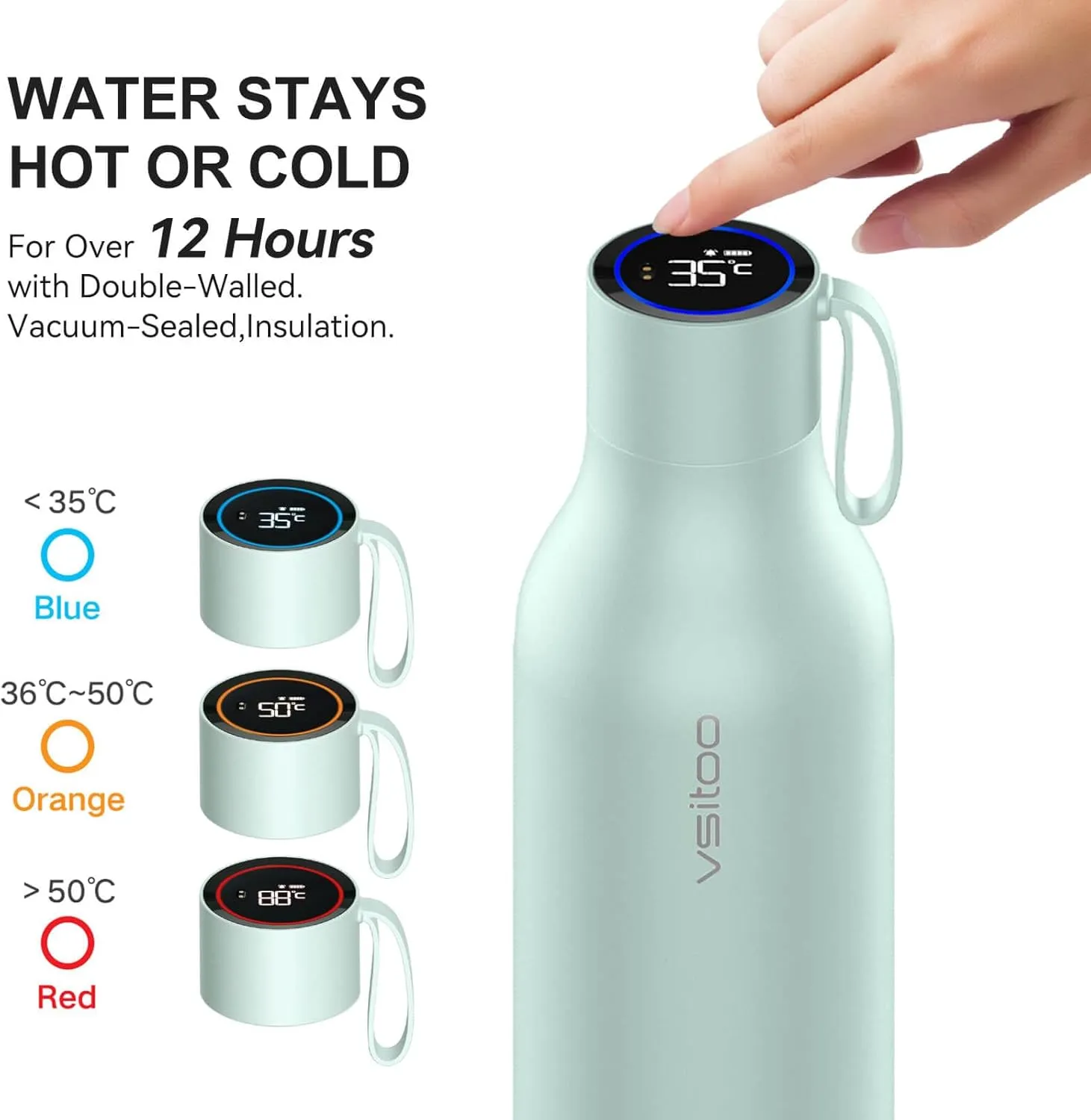 vsitoo Self-Cleaning Smart Water Bottle, Vacuum Stainless Steel Insulated Water Bottle with Handle Double-wall, Keep Drink Hot or Cold,Standard Metal Canteen for Gym and Outdoor, 33 oz