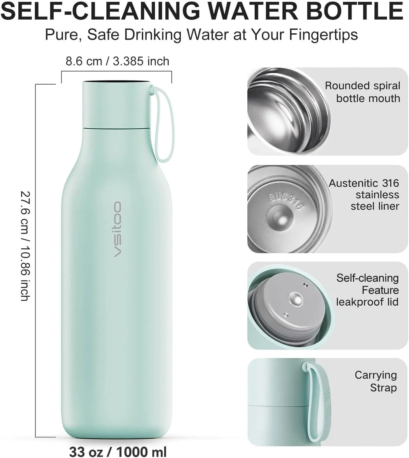 vsitoo Self-Cleaning Smart Water Bottle, Vacuum Stainless Steel Insulated Water Bottle with Handle Double-wall, Keep Drink Hot or Cold,Standard Metal Canteen for Gym and Outdoor, 33 oz