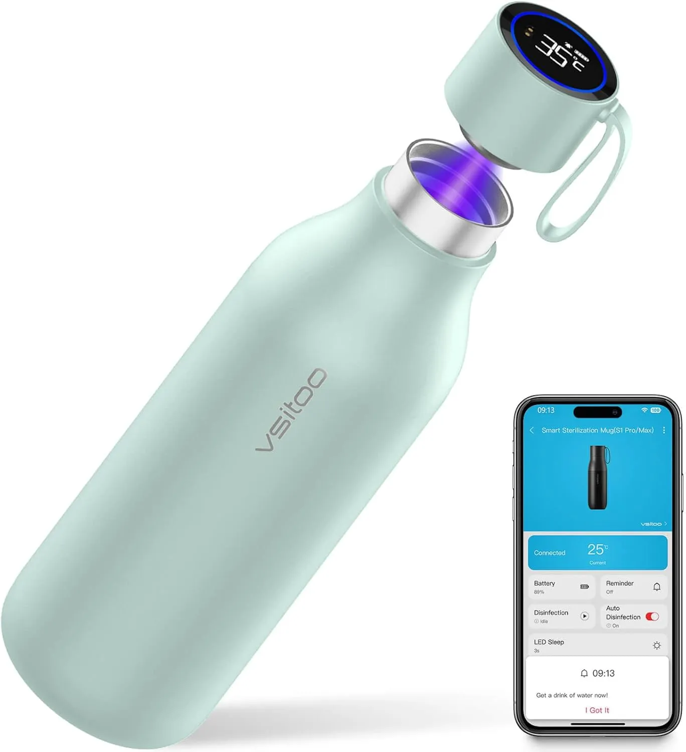 vsitoo Self-Cleaning Smart Water Bottle, Vacuum Stainless Steel Insulated Water Bottle with Handle Double-wall, Keep Drink Hot or Cold,Standard Metal Canteen for Gym and Outdoor, 33 oz