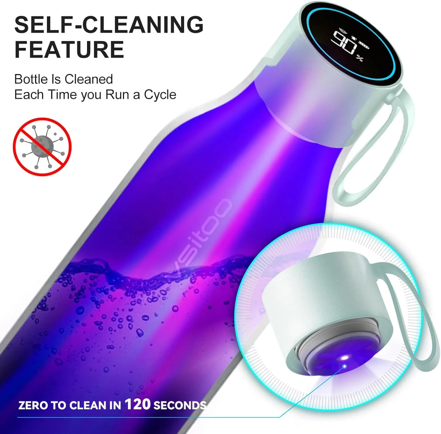 vsitoo Self-Cleaning Smart Water Bottle, Vacuum Stainless Steel Insulated Water Bottle with Handle Double-wall, Keep Drink Hot or Cold,Standard Metal Canteen for Gym and Outdoor, 33 oz