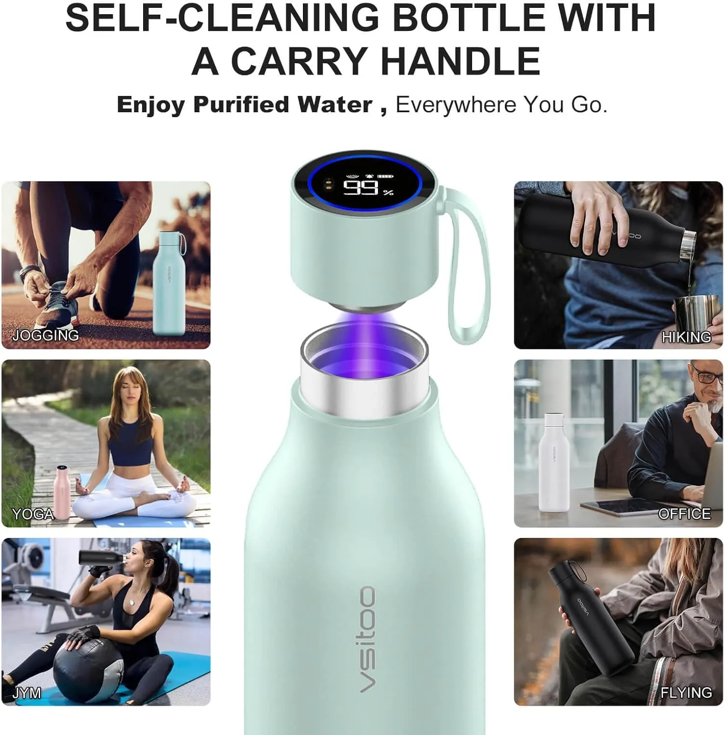 vsitoo Self-Cleaning Smart Water Bottle, Vacuum Stainless Steel Insulated Water Bottle with Handle Double-wall, Keep Drink Hot or Cold,Standard Metal Canteen for Gym and Outdoor, 33 oz