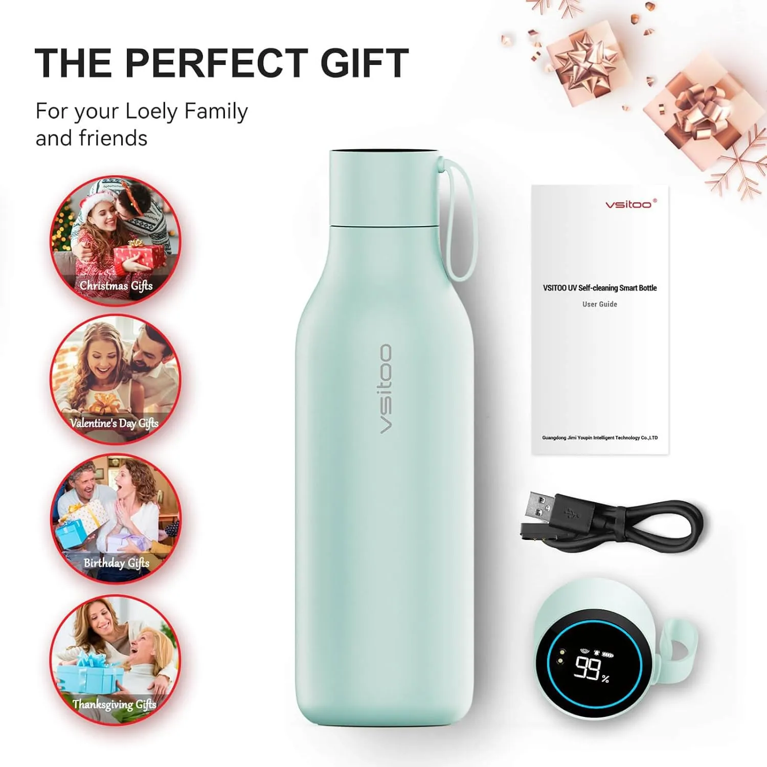 vsitoo Self-Cleaning Smart Water Bottle, Vacuum Stainless Steel Insulated Water Bottle with Handle Double-wall, Keep Drink Hot or Cold,Standard Metal Canteen for Gym and Outdoor, 33 oz