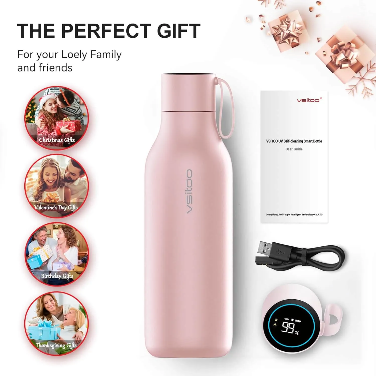vsitoo Self-Cleaning Water Bottle, 33oz Insulated Stainless Steel BPA-Free Smart Water Bottle, Touch Screen APP Control & Auto-Cleaning, Thermal Flask for Travel, Pink