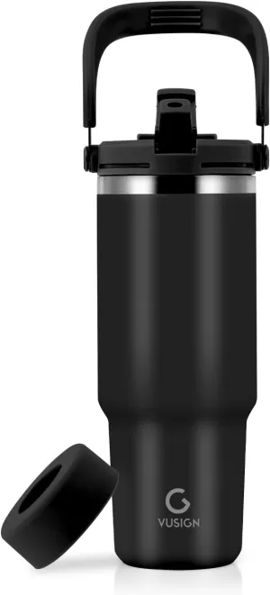 VUSIGN 30 oz Tumbler with Handle and Flip Straw, Stainless Steel Vacuum Insulated Water Bottle Travel Mug Thermal Cup for Home, Office, Car, Outdoors, Sports, Black
