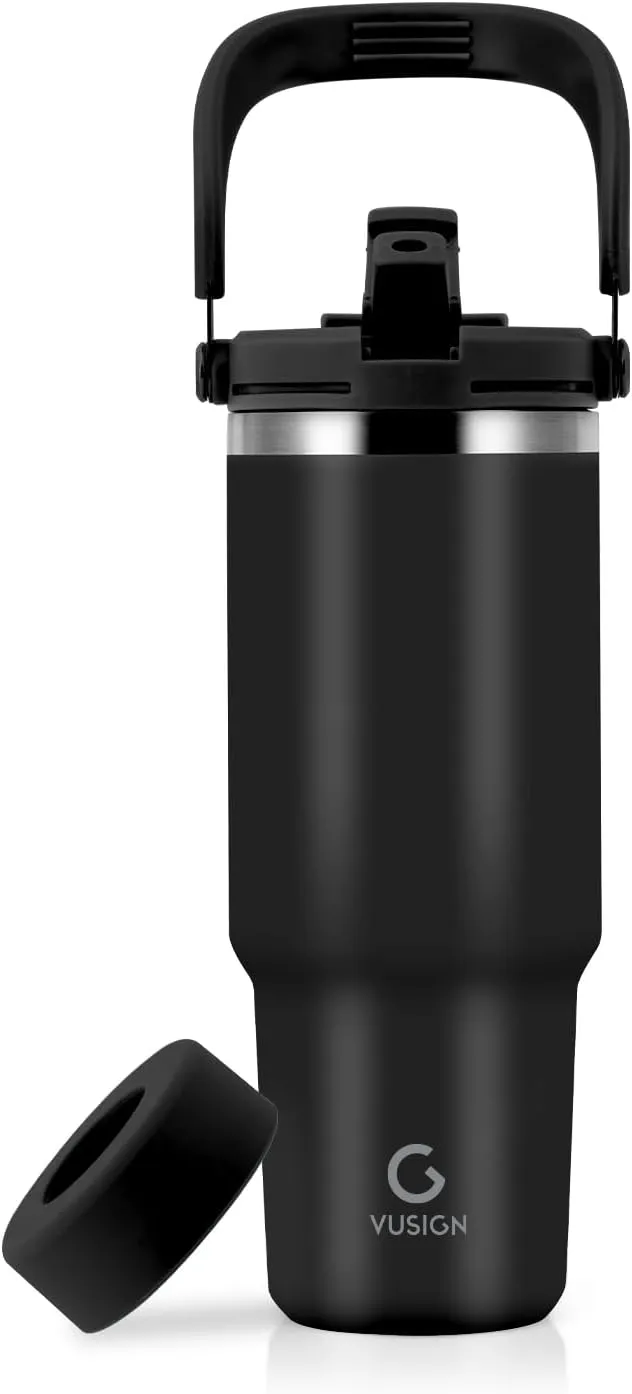VUSIGN 30 oz Tumbler with Handle and Flip Straw, Stainless Steel Vacuum Insulated Water Bottle Travel Mug Thermal Cup for Home, Office, Car, Outdoors, Sports, Black