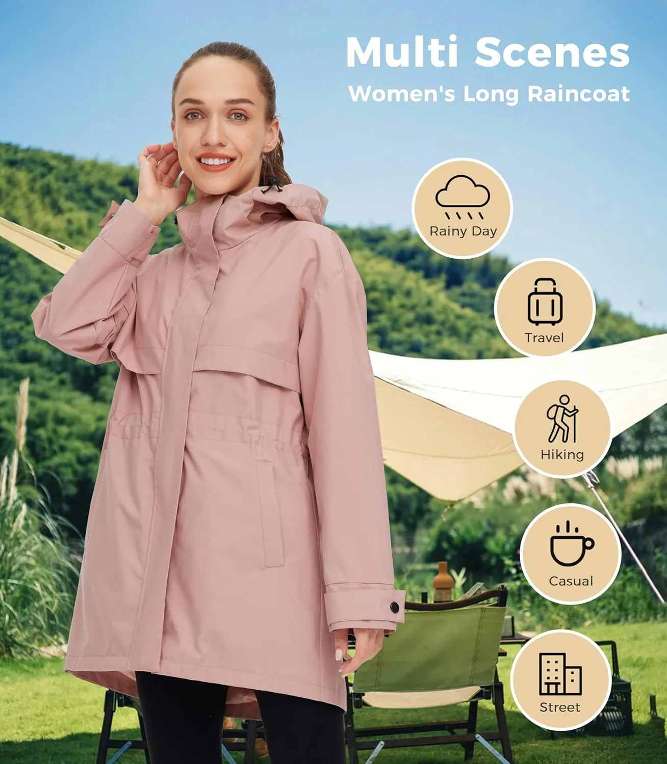 wantdo Women's Lightweight Rain Jackets Waterproof Long Raincoats with Hood Trench Coats Windbreaker