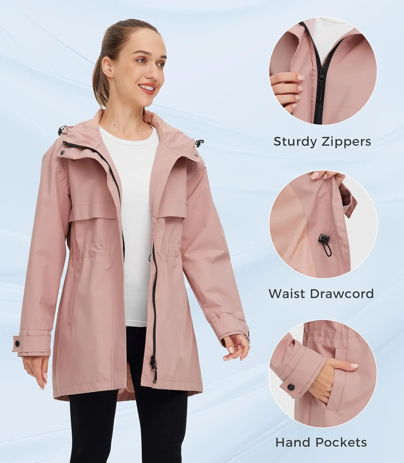 wantdo Women's Lightweight Rain Jackets Waterproof Long Raincoats with Hood Trench Coats Windbreaker
