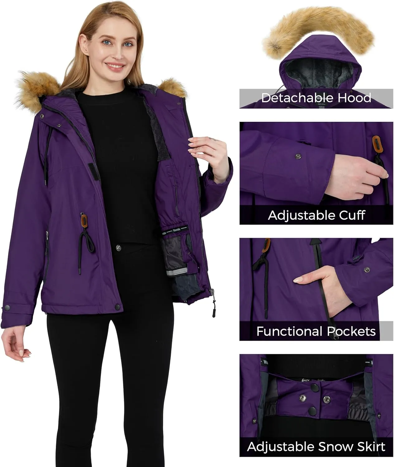 wantdo Women's Waterproof Ski Jacket Hooded Winter Snow Coat Mountain Snowboarding Jackets Insulated Fleece Parka