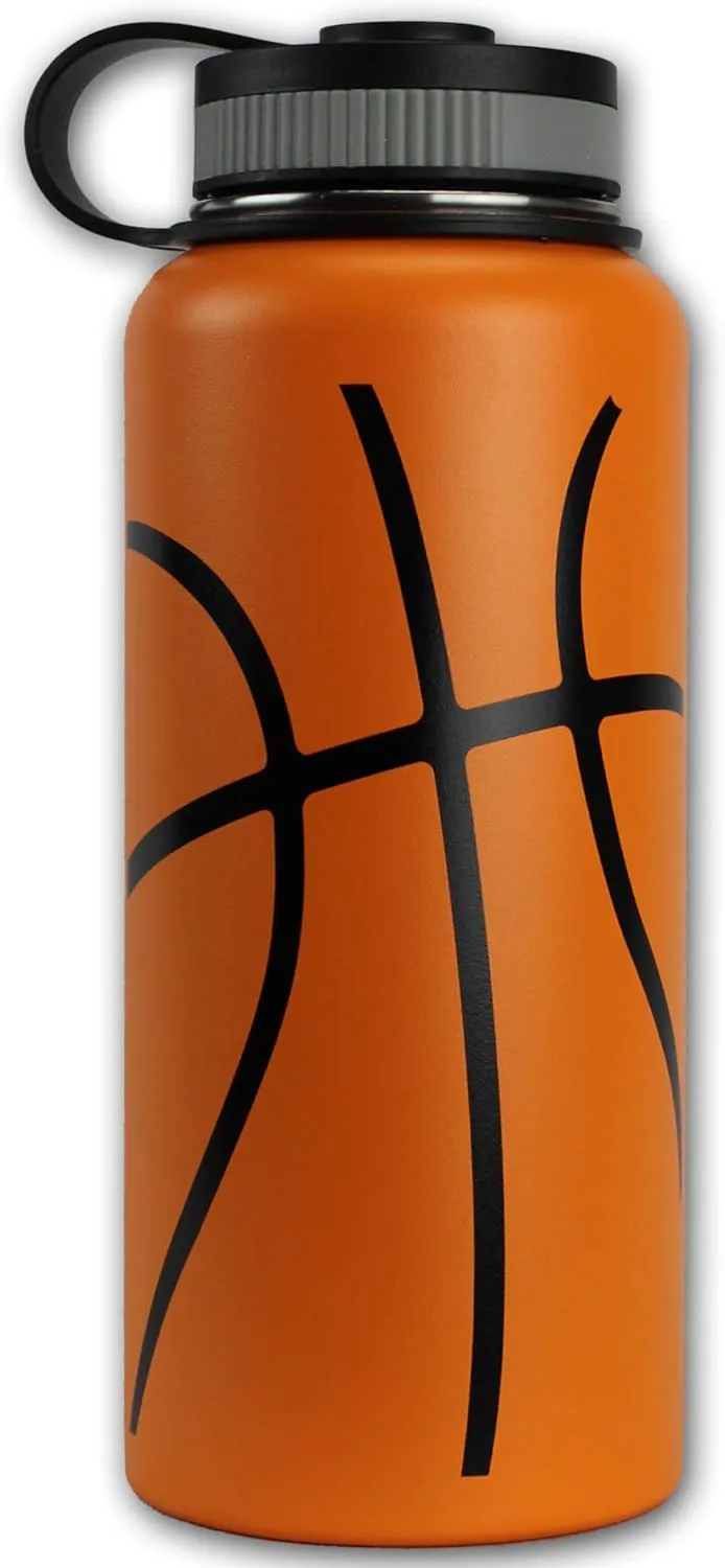 Water Bottle Basketball Tumbler 32 oz Gift for Mom Men Flask Sports Travel Waterbottle, Stainless Steel, Vacuum Insulated, Water Cold for 24, Hot for 12 hours (Basketball Straw Lid)