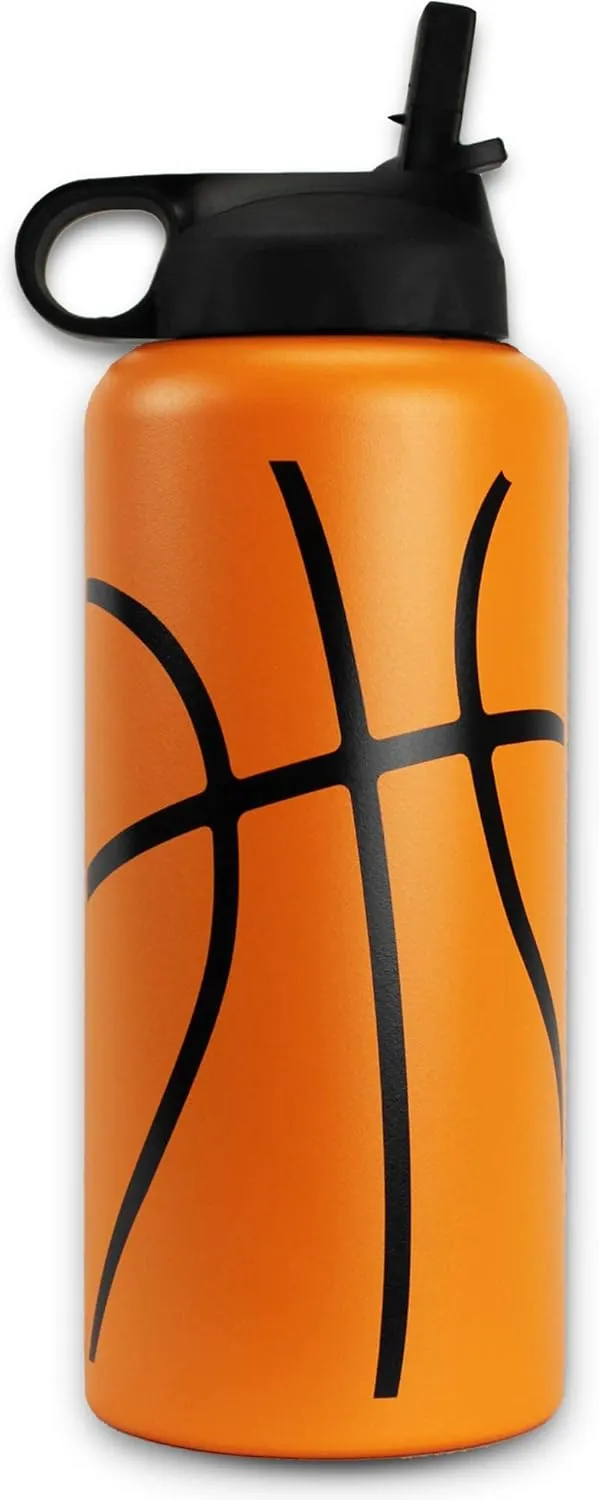 Water Bottle Basketball Tumbler 32 oz Gift for Mom Men Flask Sports Travel Waterbottle, Stainless Steel, Vacuum Insulated, Water Cold for 24, Hot for 12 hours (Basketball Straw Lid)