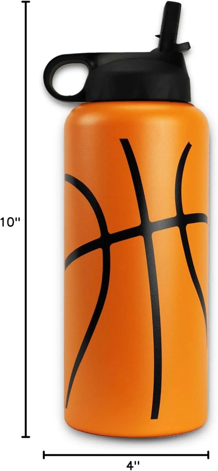 Water Bottle Basketball Tumbler 32 oz Gift for Mom Men Flask Sports Travel Waterbottle, Stainless Steel, Vacuum Insulated, Water Cold for 24, Hot for 12 hours (Basketball Straw Lid)