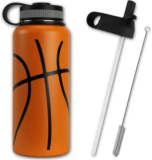 Water Bottle Basketball Tumbler 32 oz Gift for Mom Men Flask Sports Travel Waterbottle, Stainless Steel, Vacuum Insulated, Water Cold for 24, Hot for 12 hours (Basketball Straw Lid)