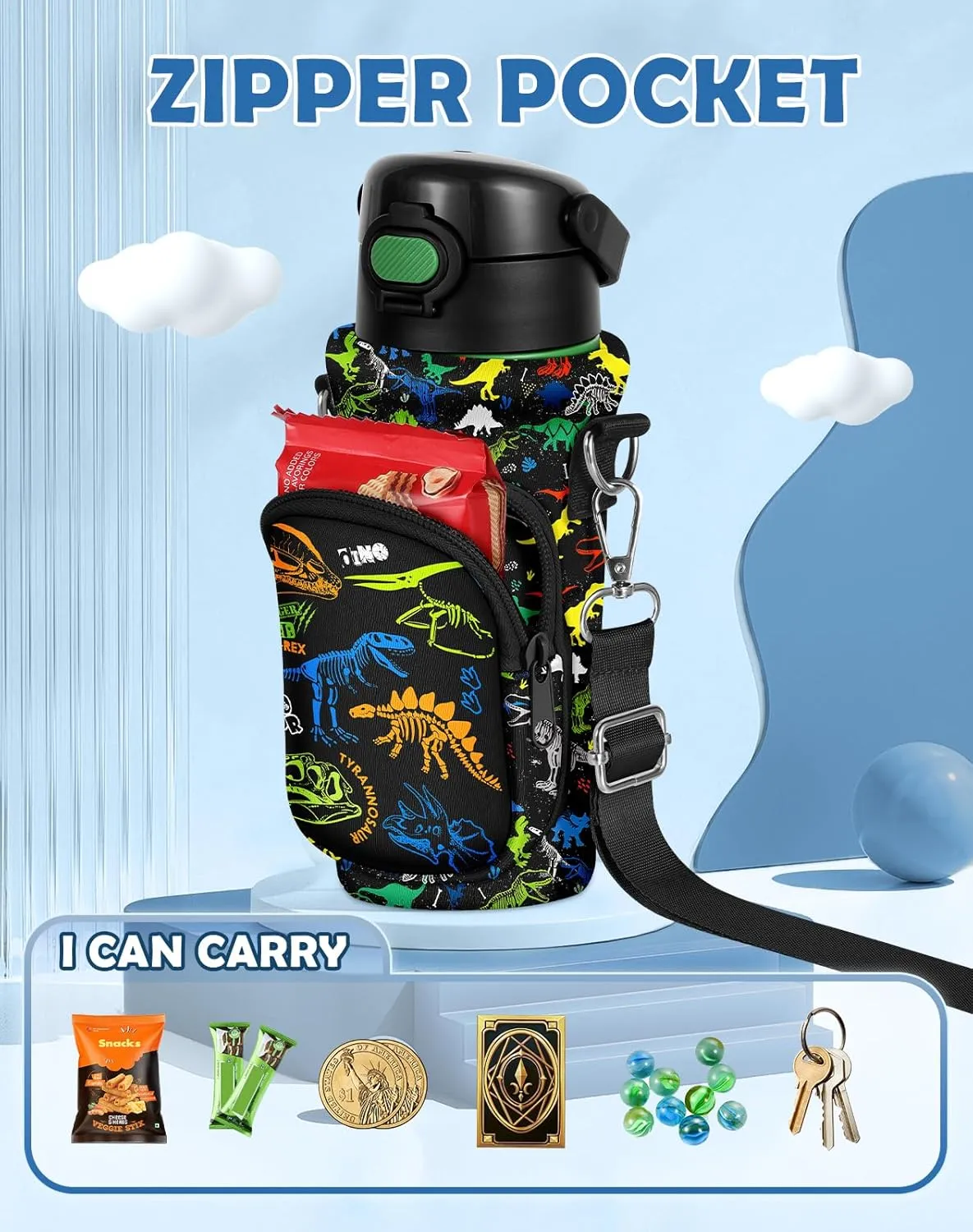 Water Bottle Carrier with Strap - Insulated Neoprene Water Bottle Holder Bag with Pocket for 14-20 oz