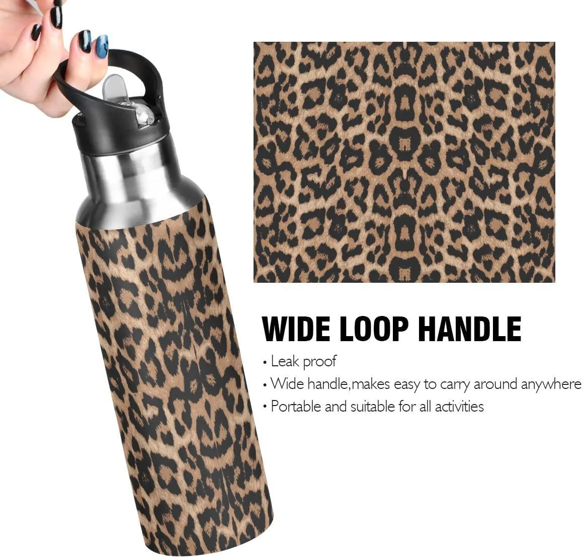 Water Bottle Handle Straw Lid Cheeteh Leopard Print Vacuum Insulated Stainless Steel Thermos Water Bottle Leak Proof Sports Coffee Maker Cup