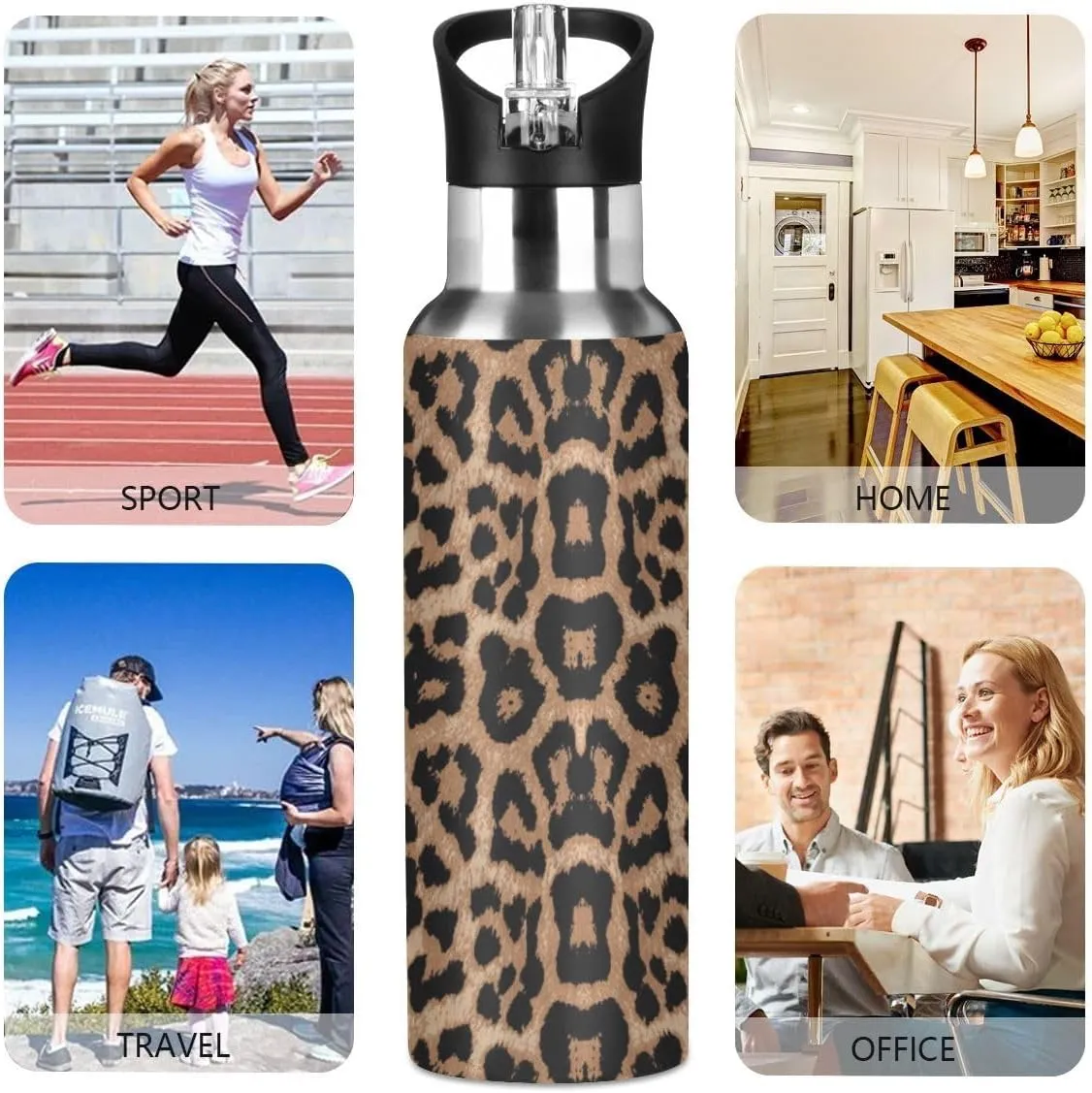 Water Bottle Handle Straw Lid Cheeteh Leopard Print Vacuum Insulated Stainless Steel Thermos Water Bottle Leak Proof Sports Coffee Maker Cup