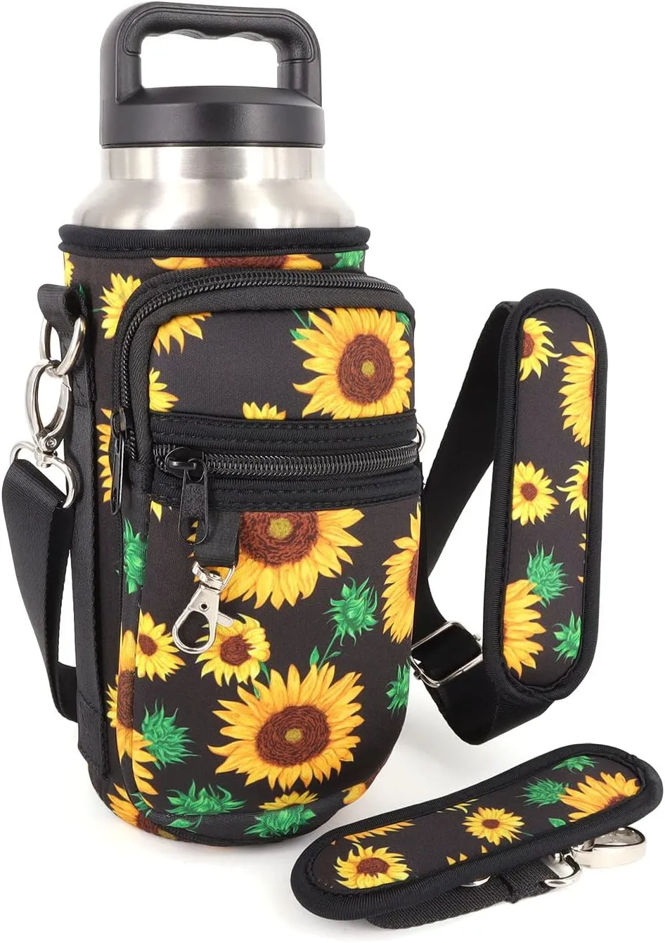 Water Bottle Holder Sling Bag Sleeve Carrier 32oz 40oz 64oz, Insulated Crossbody Water Bottle Case Cover with Padded Strap and 2 Pockets for Walking Hiking Camping