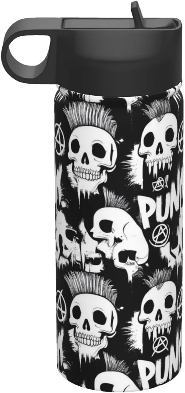 Water Bottle Insulated 18oz Straw Lid Spout Lid, Leak Proof, Vacuum Insulated,Stainless Steel Water Bottle Wide Mouth for Sports, Gym or Office, BPA-Free Keep Cold 24H Hot 12H (Cool Gothic Punk Skull)