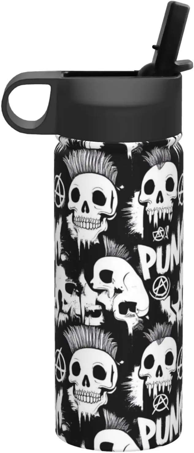 Water Bottle Insulated 18oz Straw Lid Spout Lid, Leak Proof, Vacuum Insulated,Stainless Steel Water Bottle Wide Mouth for Sports, Gym or Office, BPA-Free Keep Cold 24H Hot 12H (Cool Gothic Punk Skull)