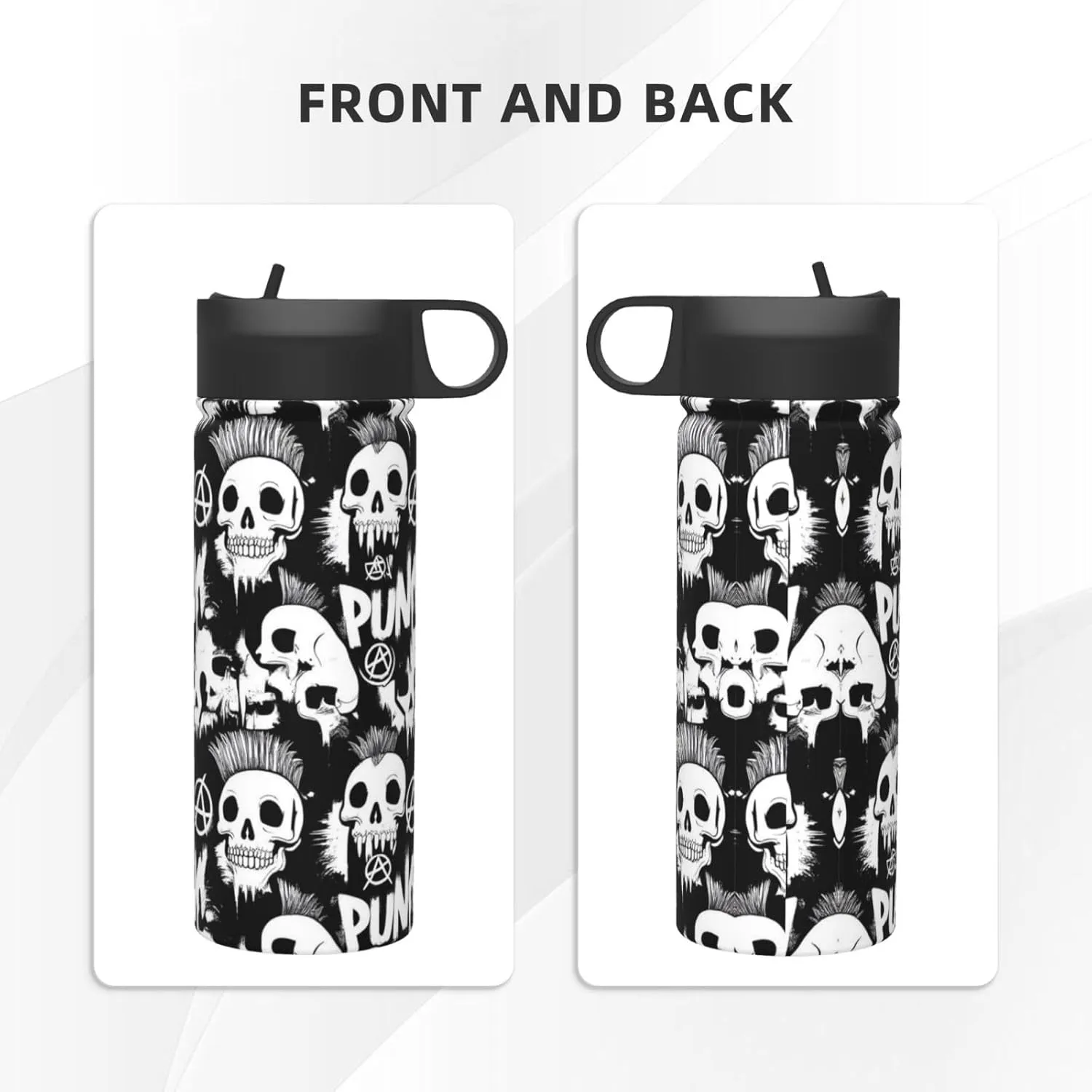 Water Bottle Insulated 18oz Straw Lid Spout Lid, Leak Proof, Vacuum Insulated,Stainless Steel Water Bottle Wide Mouth for Sports, Gym or Office, BPA-Free Keep Cold 24H Hot 12H (Cool Gothic Punk Skull)