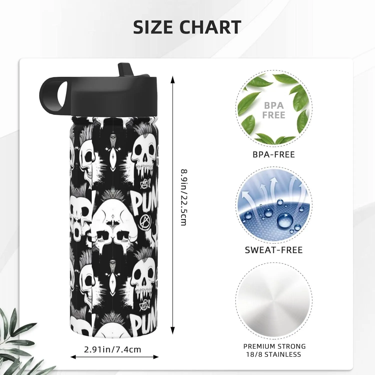 Water Bottle Insulated 18oz Straw Lid Spout Lid, Leak Proof, Vacuum Insulated,Stainless Steel Water Bottle Wide Mouth for Sports, Gym or Office, BPA-Free Keep Cold 24H Hot 12H (Cool Gothic Punk Skull)