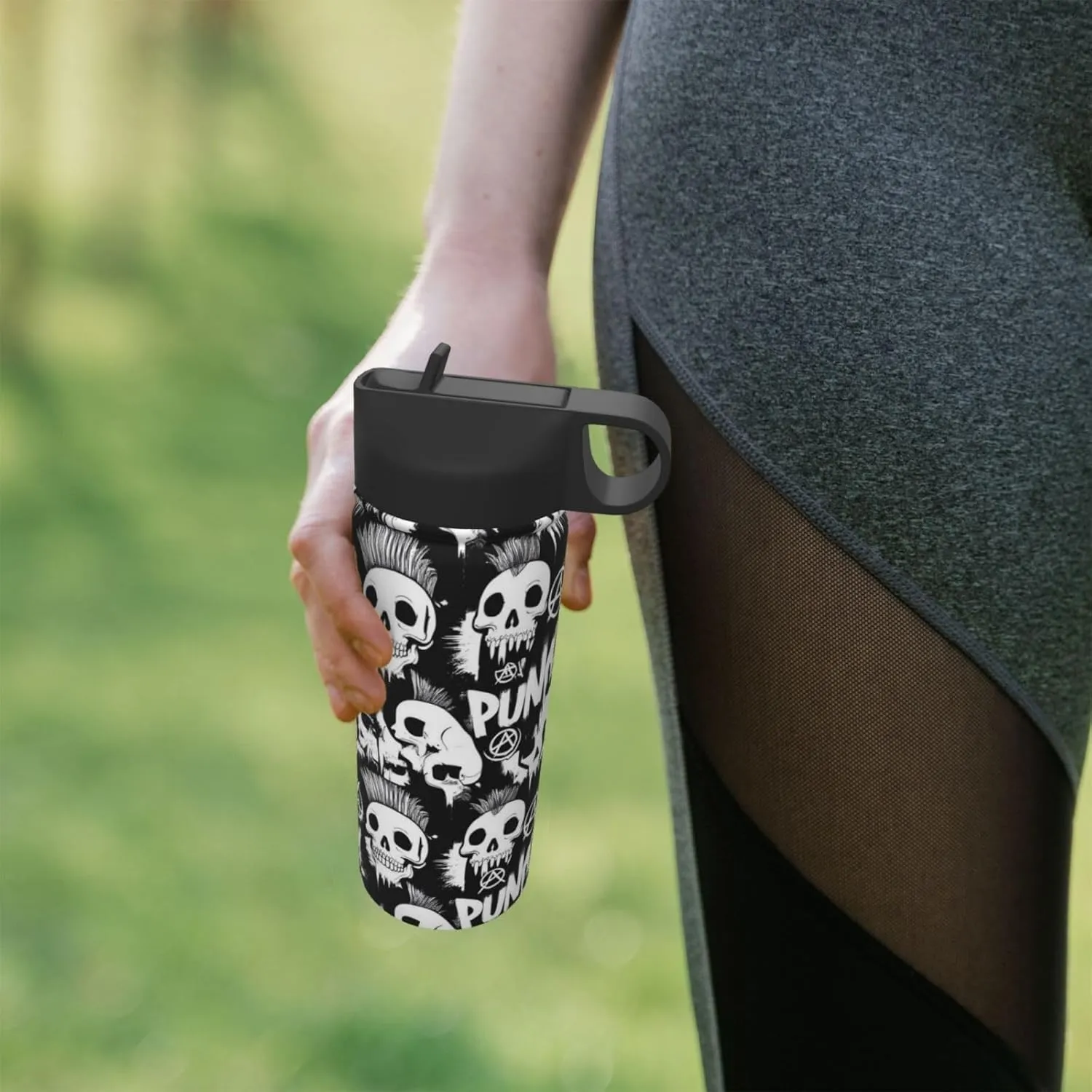Water Bottle Insulated 18oz Straw Lid Spout Lid, Leak Proof, Vacuum Insulated,Stainless Steel Water Bottle Wide Mouth for Sports, Gym or Office, BPA-Free Keep Cold 24H Hot 12H (Cool Gothic Punk Skull)