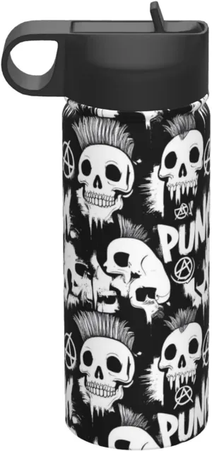 Water Bottle Insulated 18oz Straw Lid Spout Lid, Leak Proof, Vacuum Insulated,Stainless Steel Water Bottle Wide Mouth for Sports, Gym or Office, BPA-Free Keep Cold 24H Hot 12H (Cool Gothic Punk Skull)