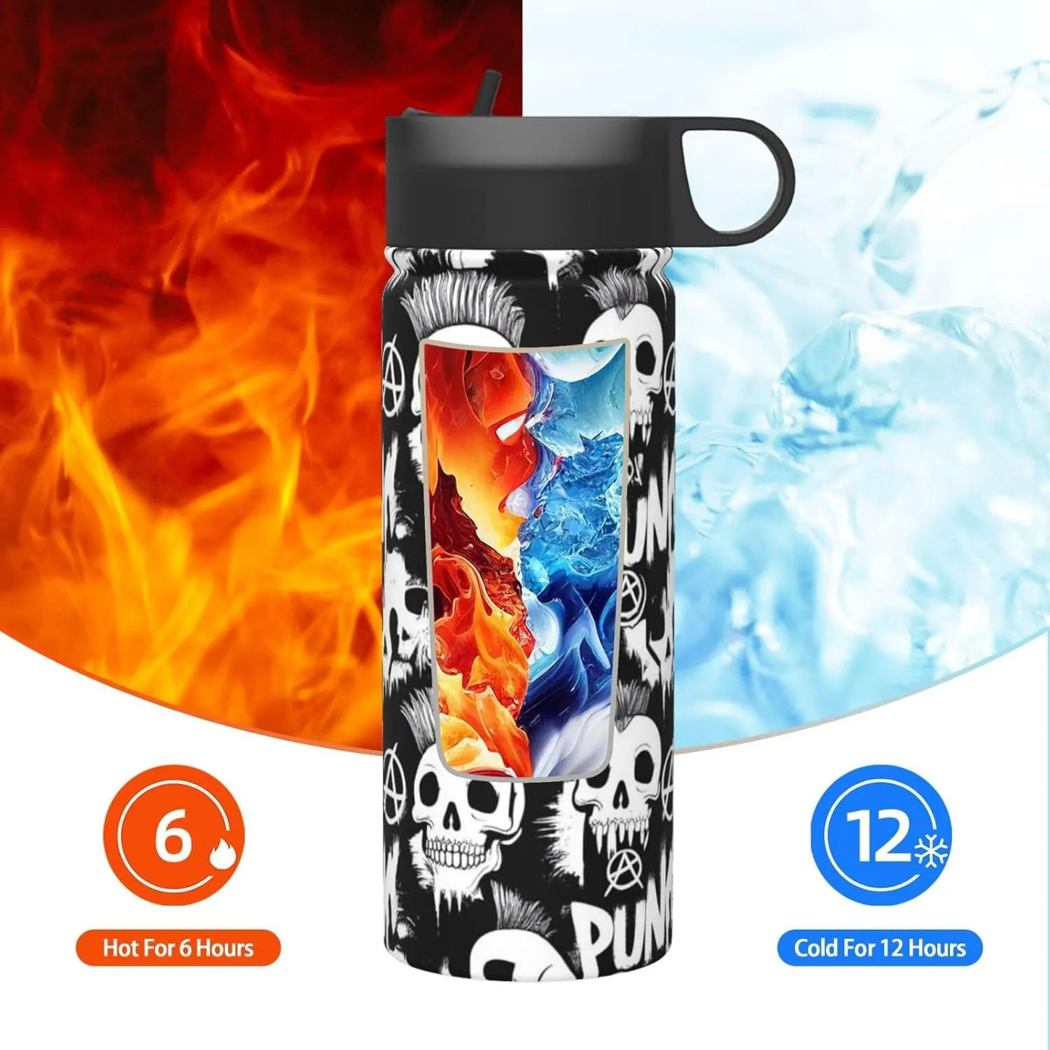 Water Bottle Insulated 18oz Straw Lid Spout Lid, Leak Proof, Vacuum Insulated,Stainless Steel Water Bottle Wide Mouth for Sports, Gym or Office, BPA-Free Keep Cold 24H Hot 12H (Cool Gothic Punk Skull)