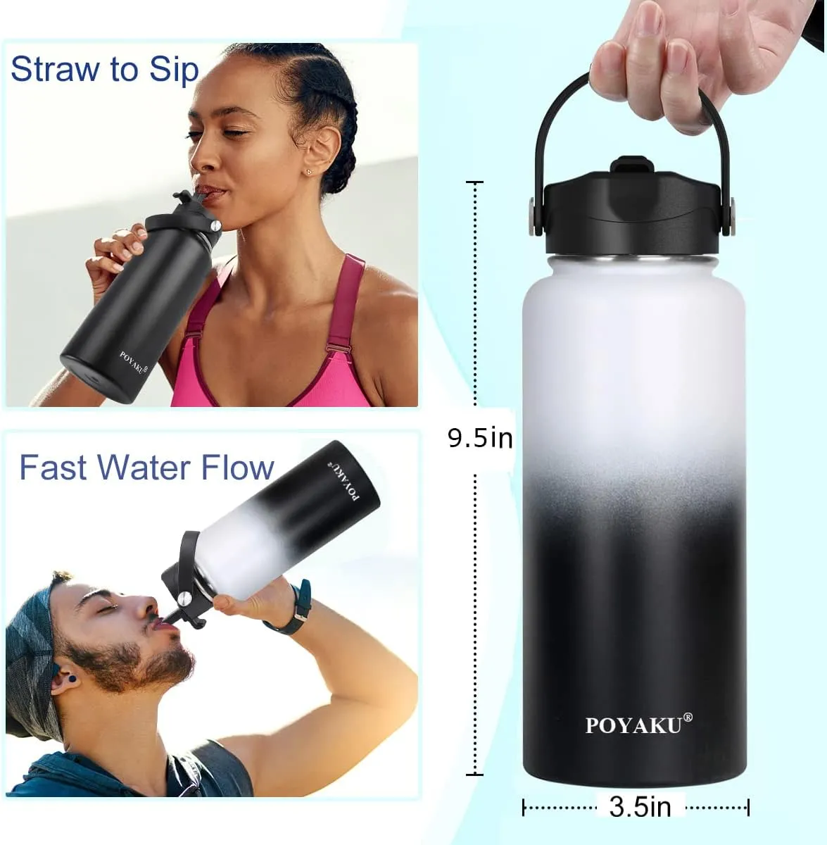 Water Bottle Insulated 32oz 40oz 64oz 128oz Straw Lid Spout Lid & 3 Lids, Leak Proof, Vacuum Insulated,Stainless Steel Water Bottle Wide Mouth for Sports, Gym or Office